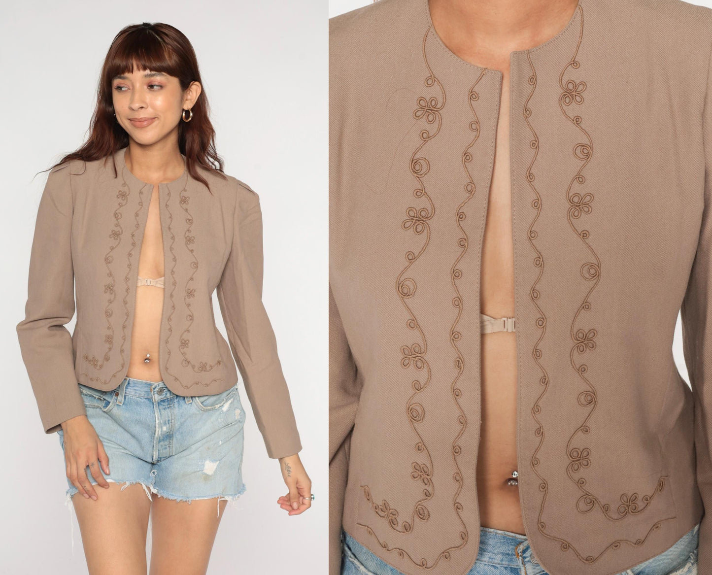 70s Joyce Sportswear Beige Embroidered Cropped Blazer Open Front Small