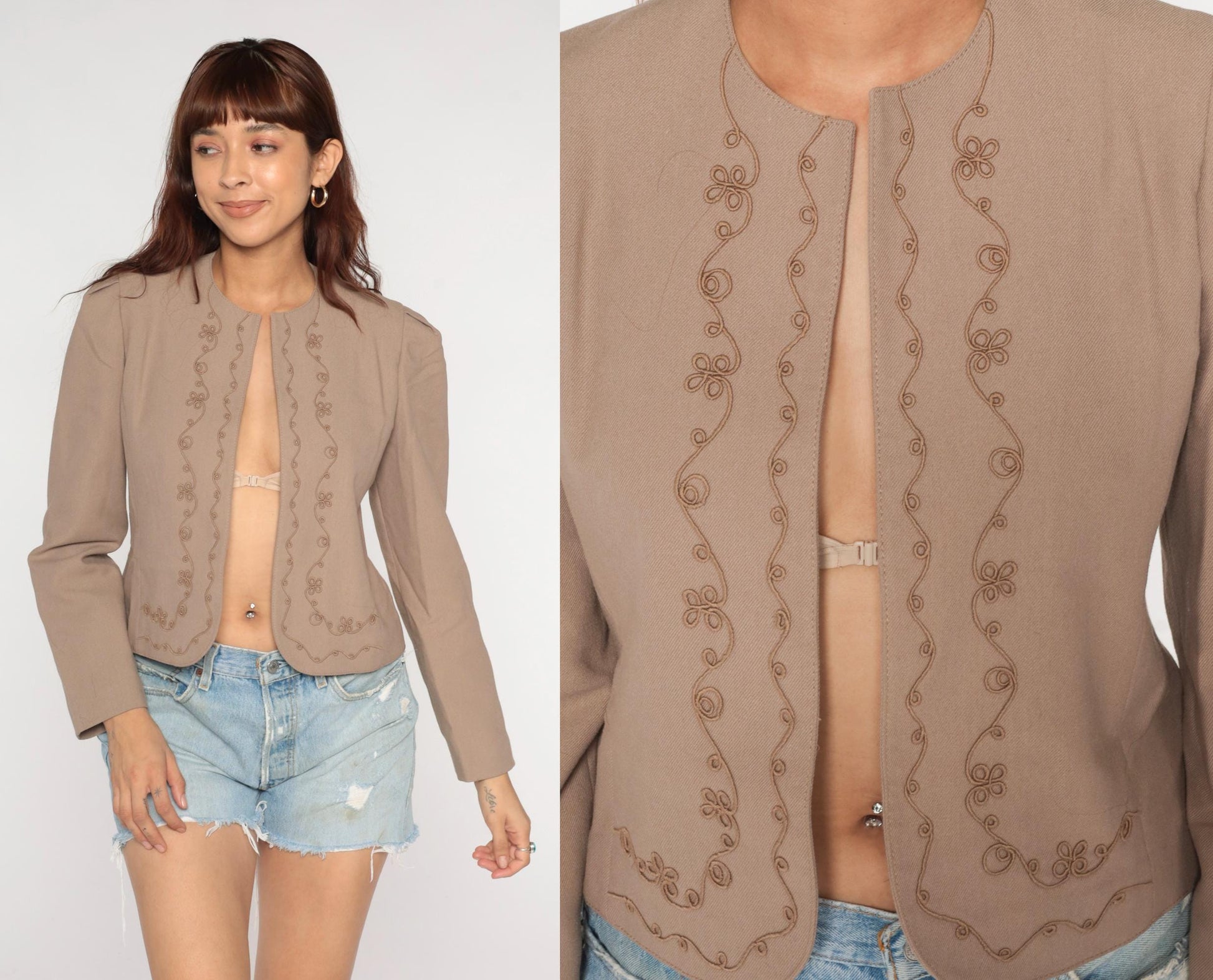70s Joyce Sportswear Beige Embroidered Cropped Blazer Open Front Small