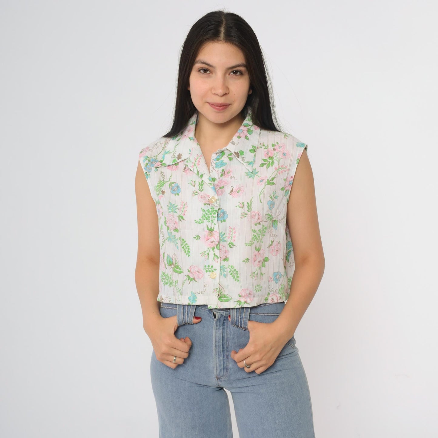 70s Lori Lynn Floral Crop Blouse White Collared Button-Up Medium