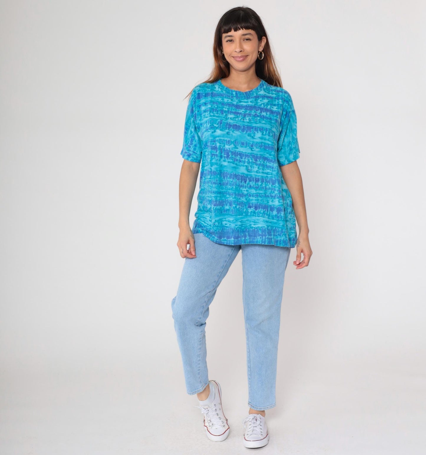 90s Blue Tie Dye Horizontal Stripe Cotton T-Shirt Crew Neck Medium