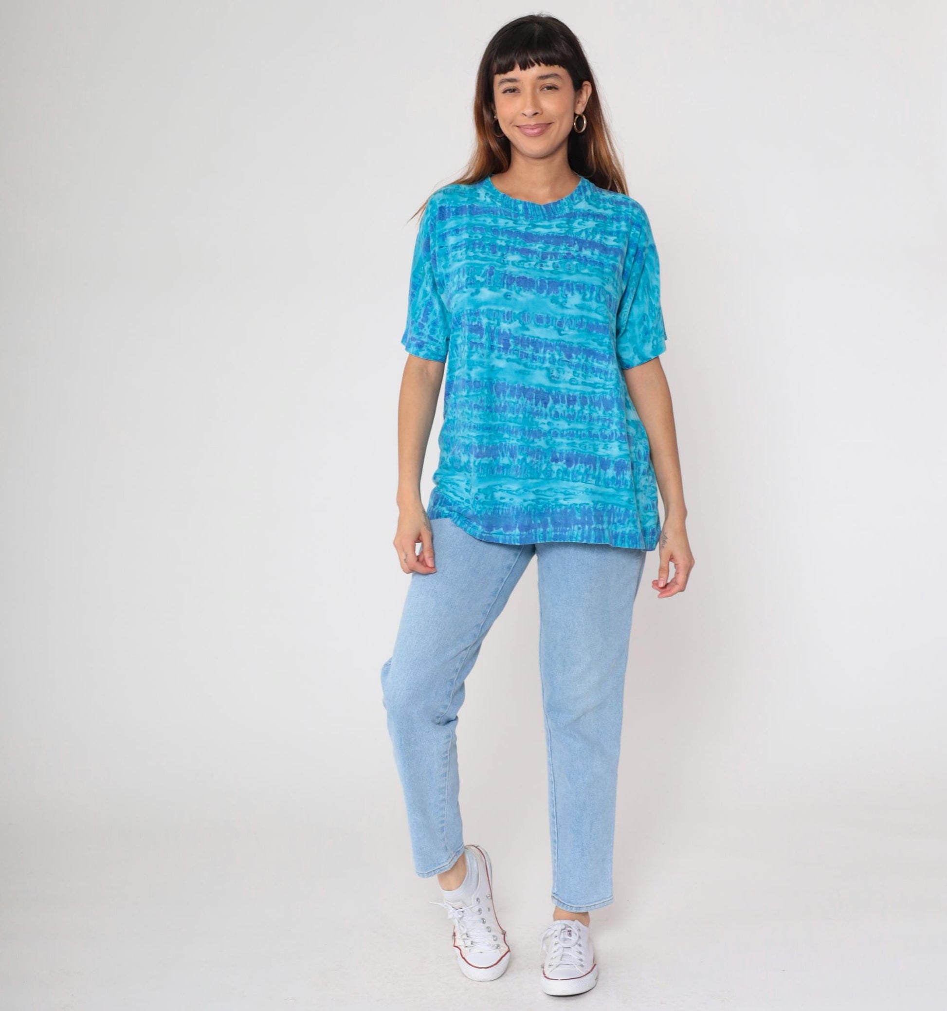 90s Blue Tie Dye Horizontal Stripe Cotton T-Shirt Crew Neck Medium