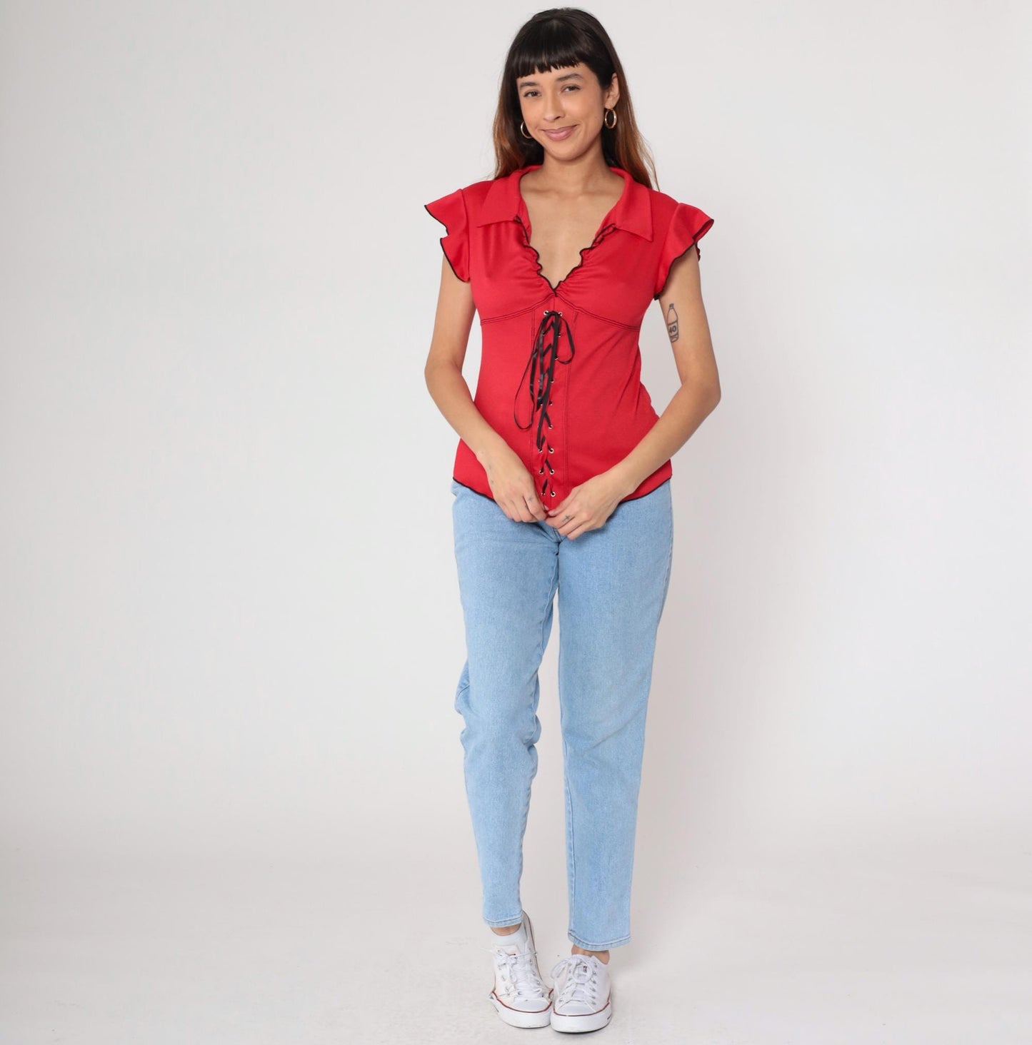 Y2K Red Lace-Up Corset Top Black Trim Ruffle Cap Sleeve Medium M