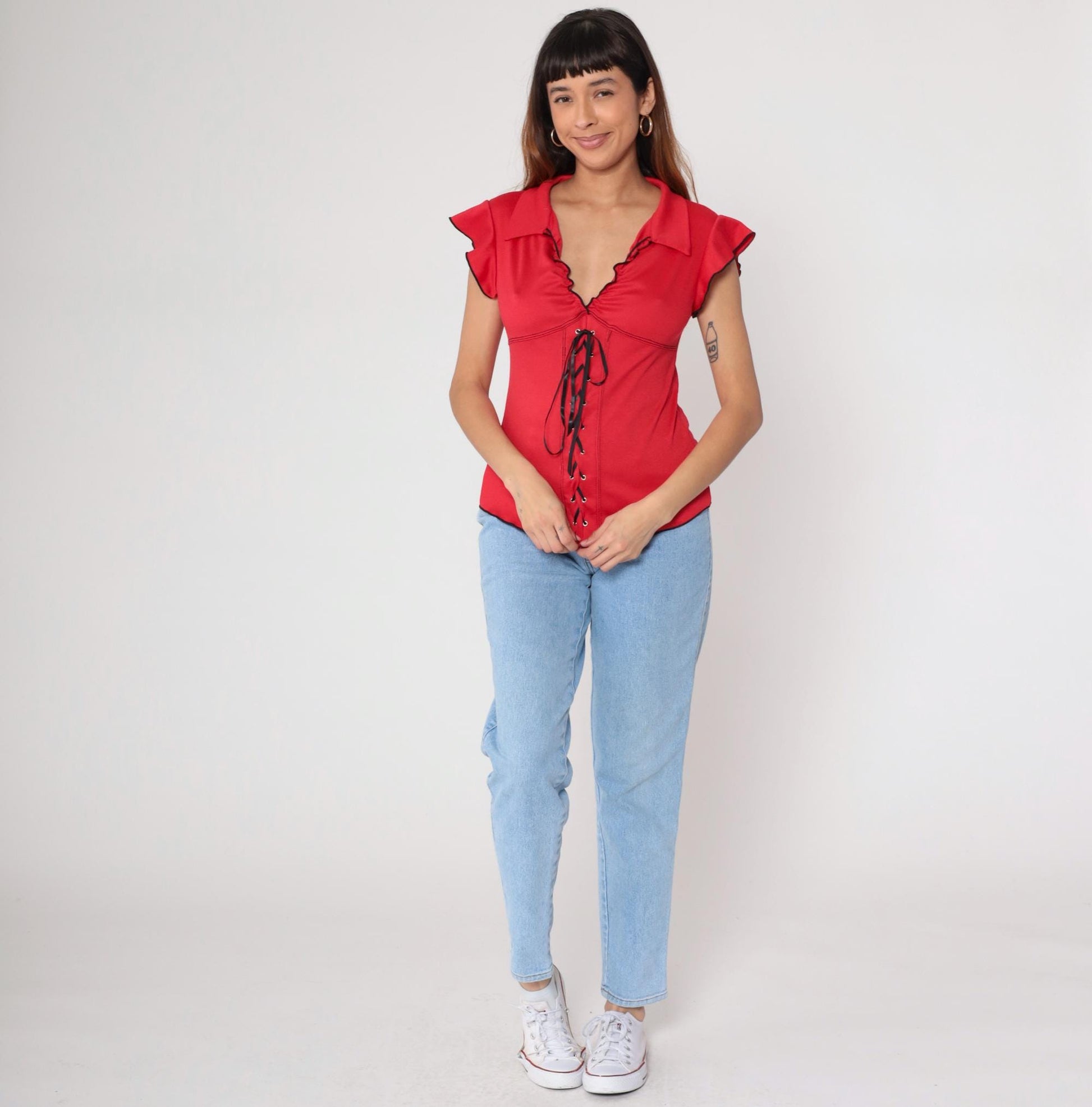 Y2K Red Lace-Up Corset Top Black Trim Ruffle Cap Sleeve Medium M