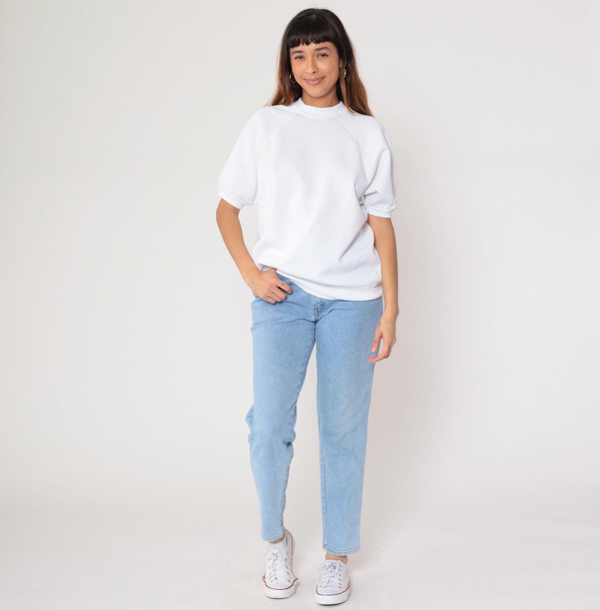 80s White Short Sleeve Sweatshirt Raglan Crewneck Large L