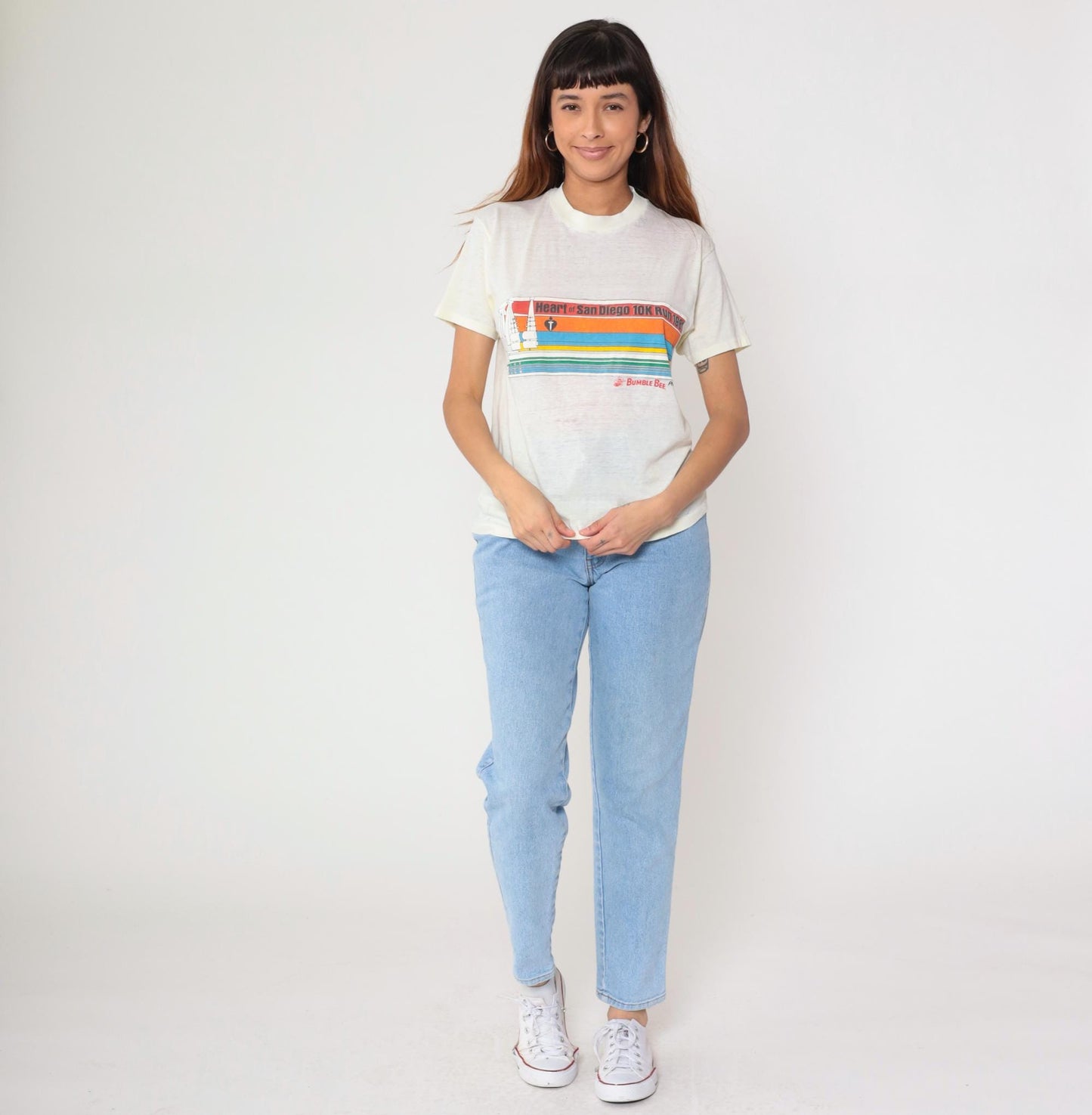 80s San Diego 10K Run Yellow Rainbow Stripe Graphic Tee Large L