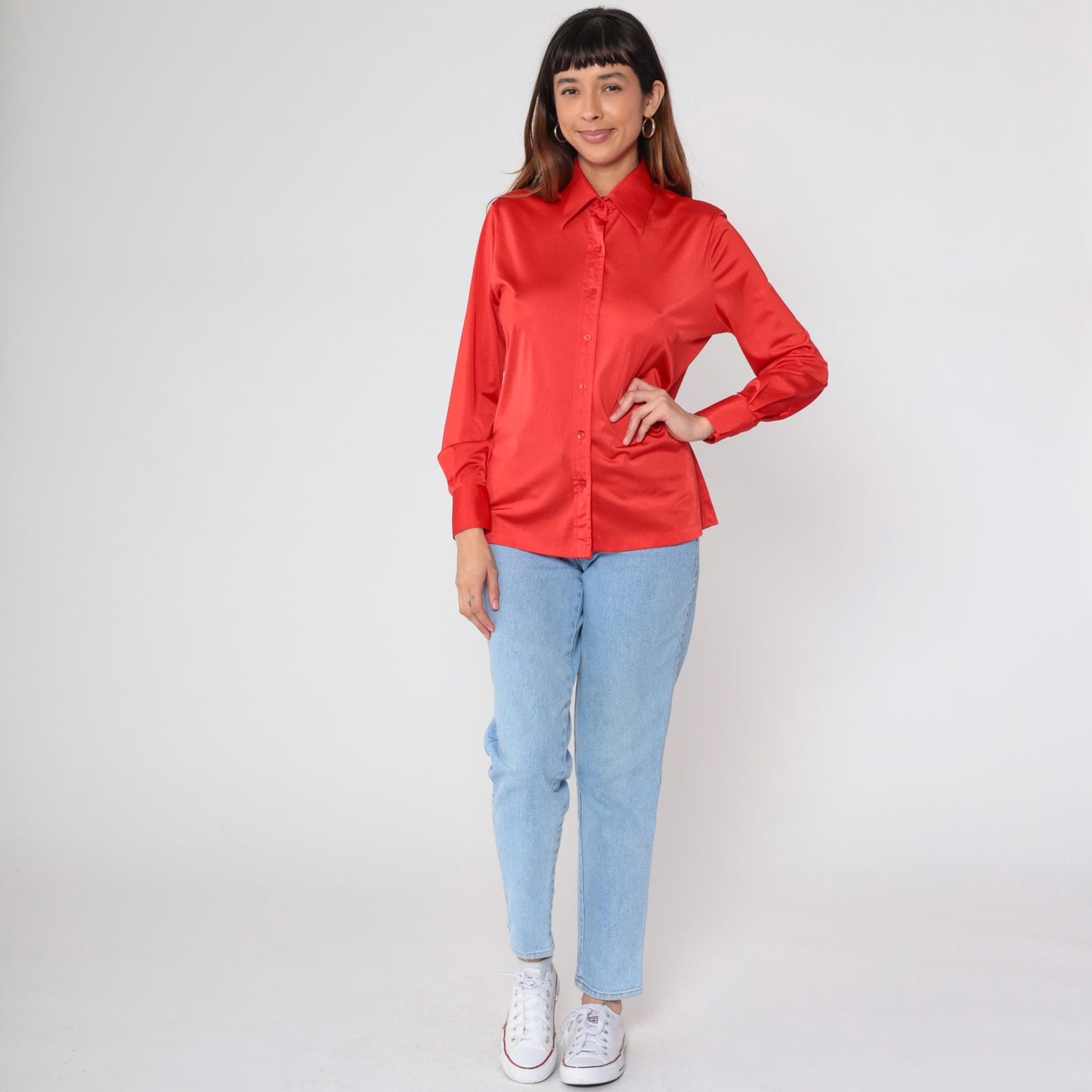 70s Coral Red Polyester Satin Button Up Blouse Pointed Collar Long Sleeve Medium M