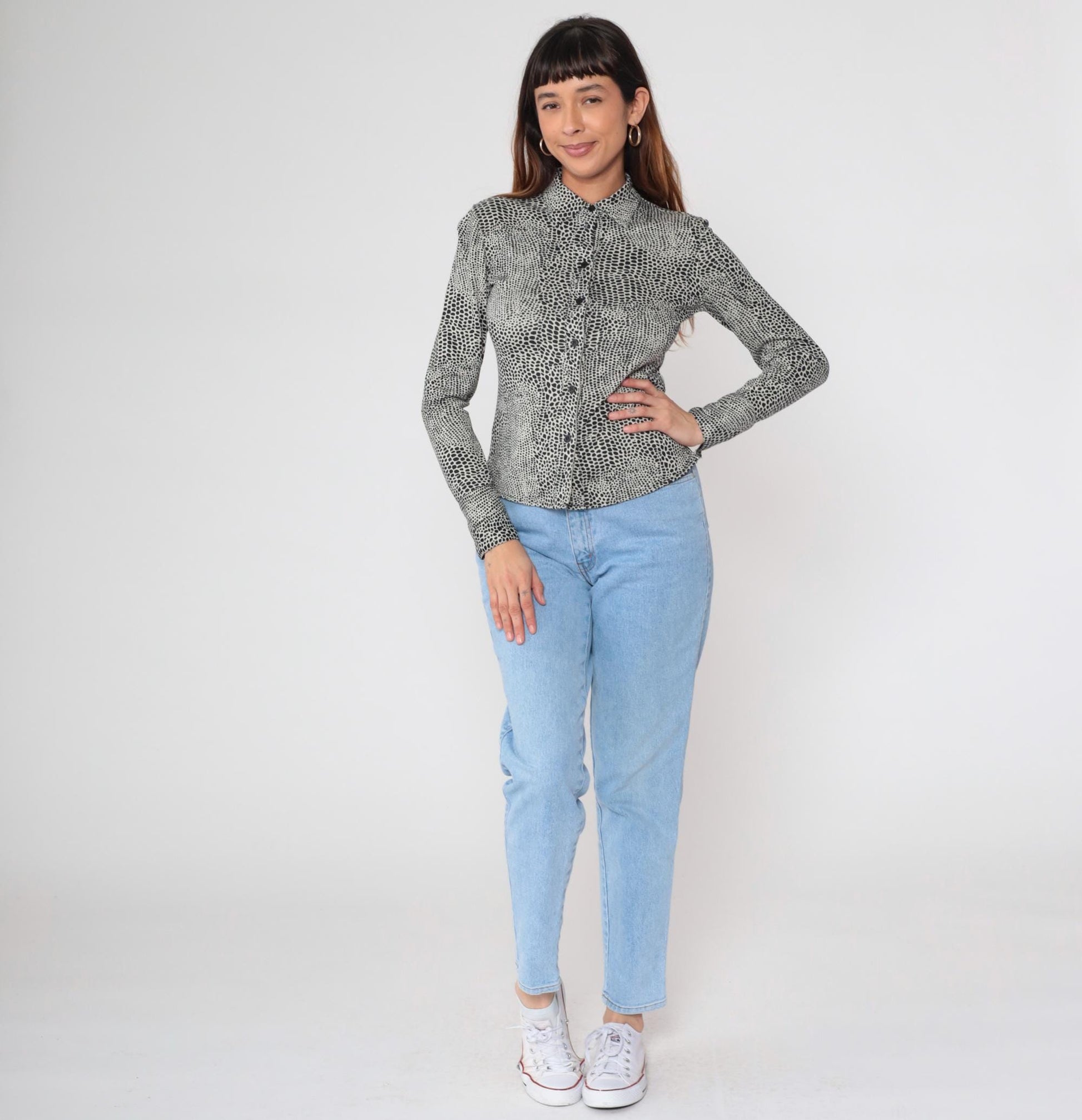 Y2K Alligator Print Button Up Blouse Black White Fitted Long Sleeve Extra Small XS