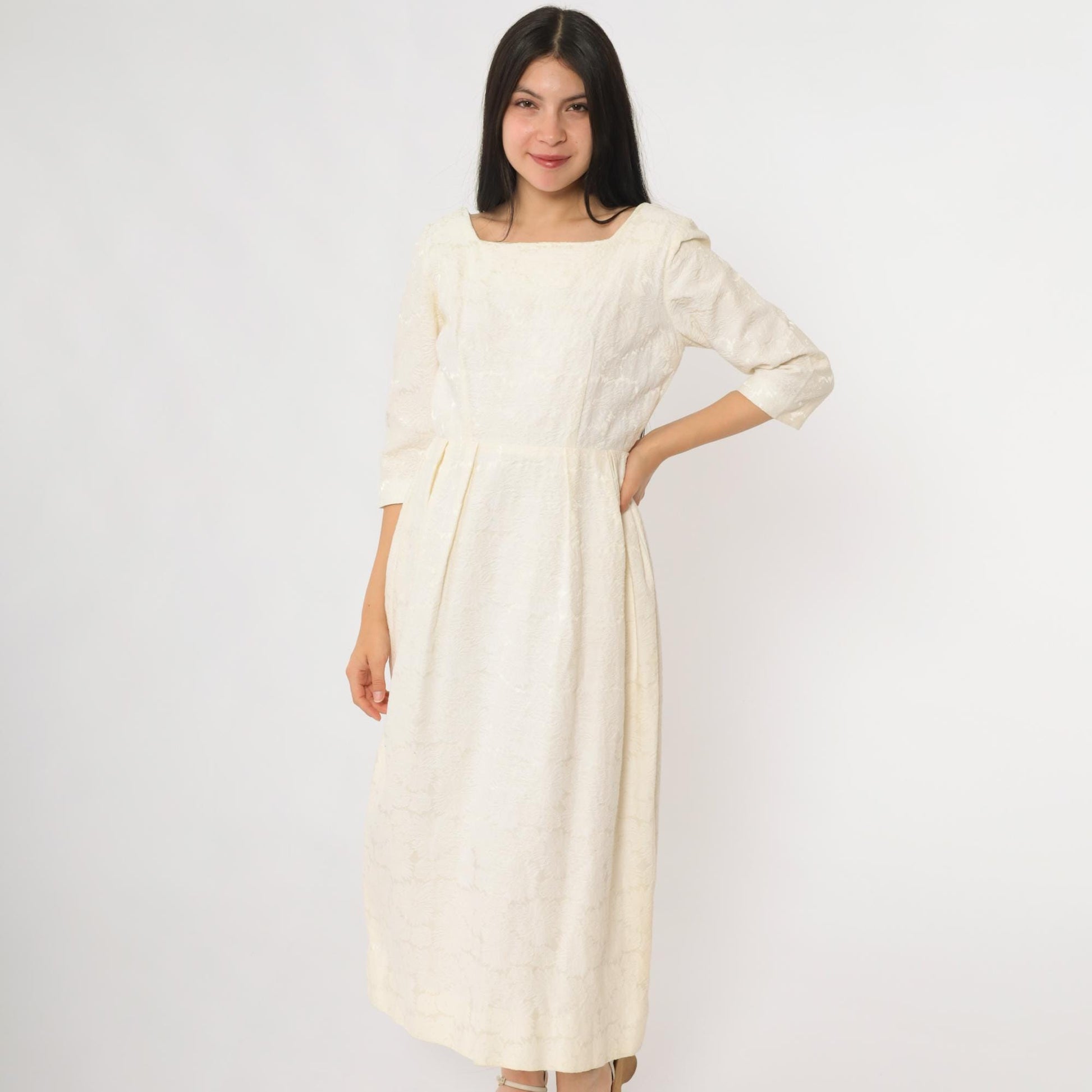 60s Cream Lace Midi Dress Square Neckline Embroidered Small