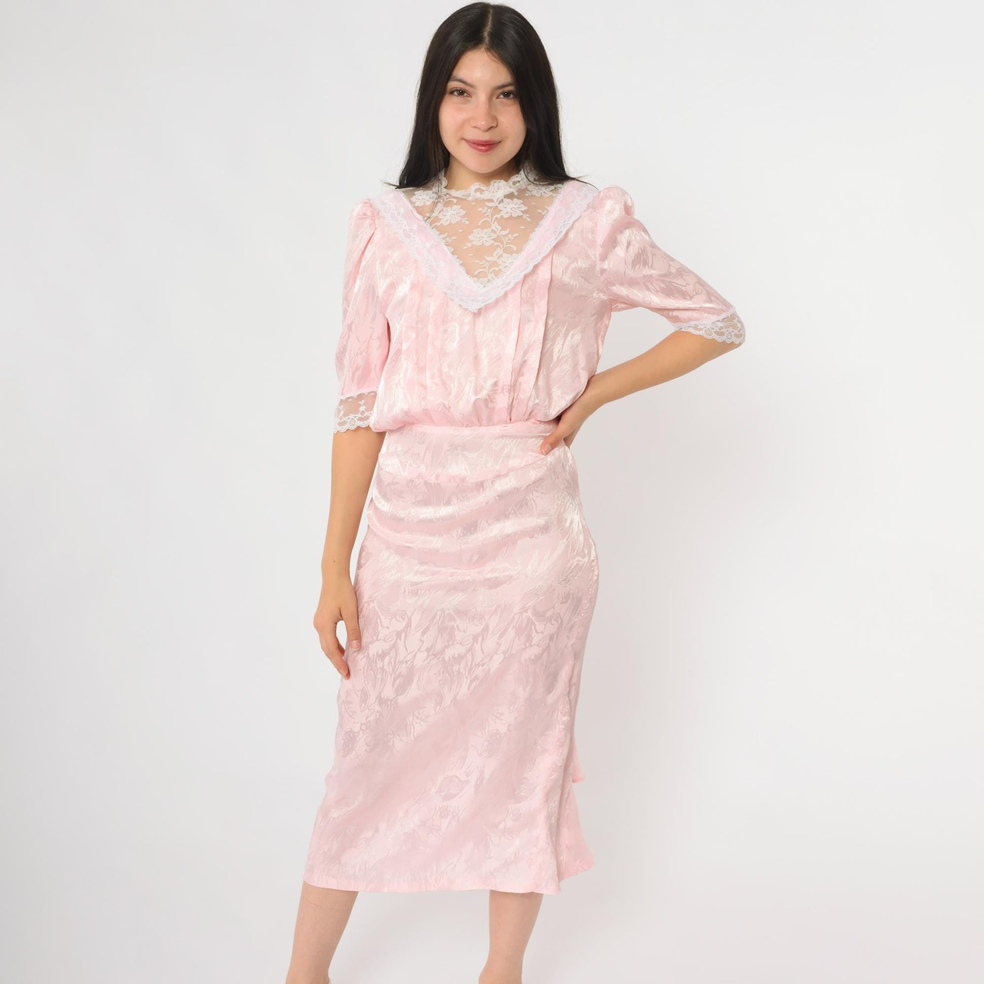 80s Pink Lace Midi Dress Puff Sleeve V-Neck Tiered Ruffle Extra Small XS