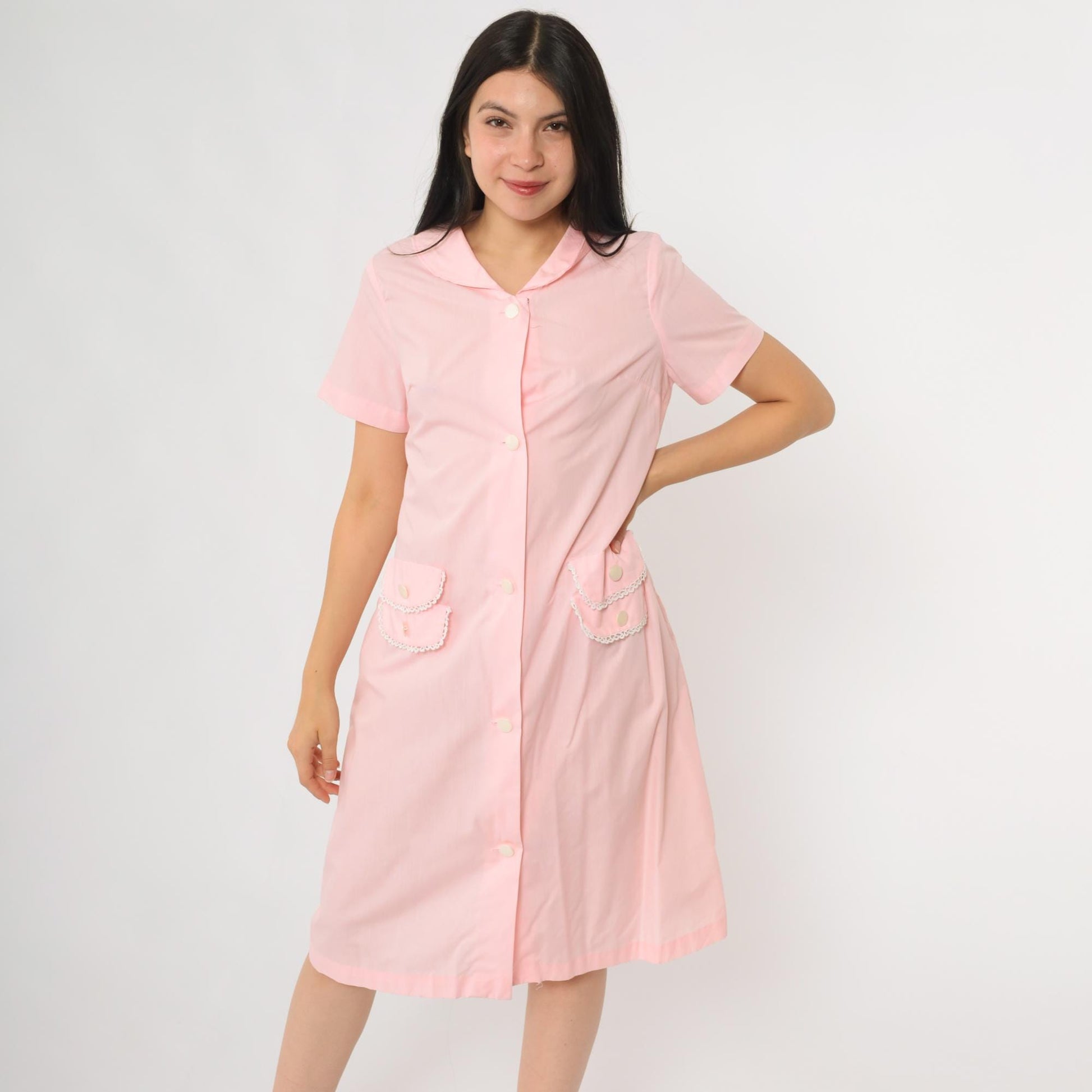 60s Charmode Pink House Dress Peter Pan Collar Lace Trim Pockets Medium