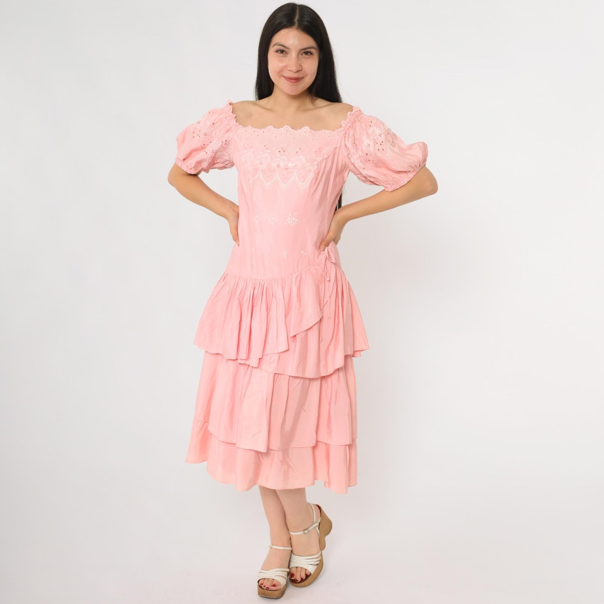 80s Pink Eyelet Midi Dress Off-Shoulder Puff Sleeve Tiered Ruffle Small
