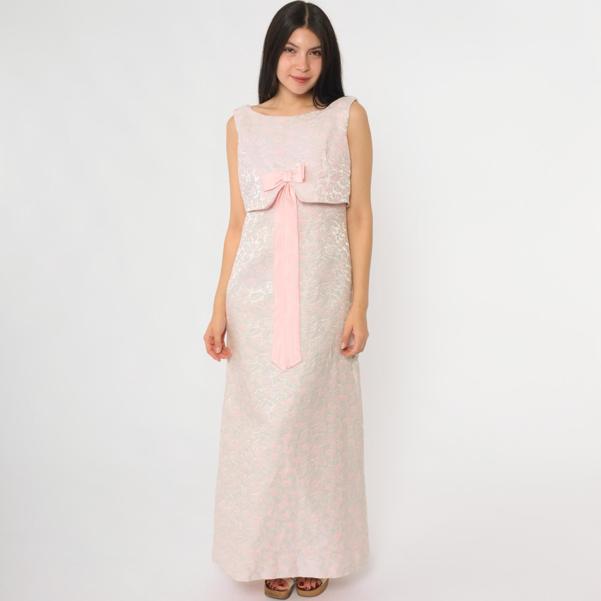 60s Pink Floral Maxi Dress Empire Waist Bow Tie Sleeveless Small