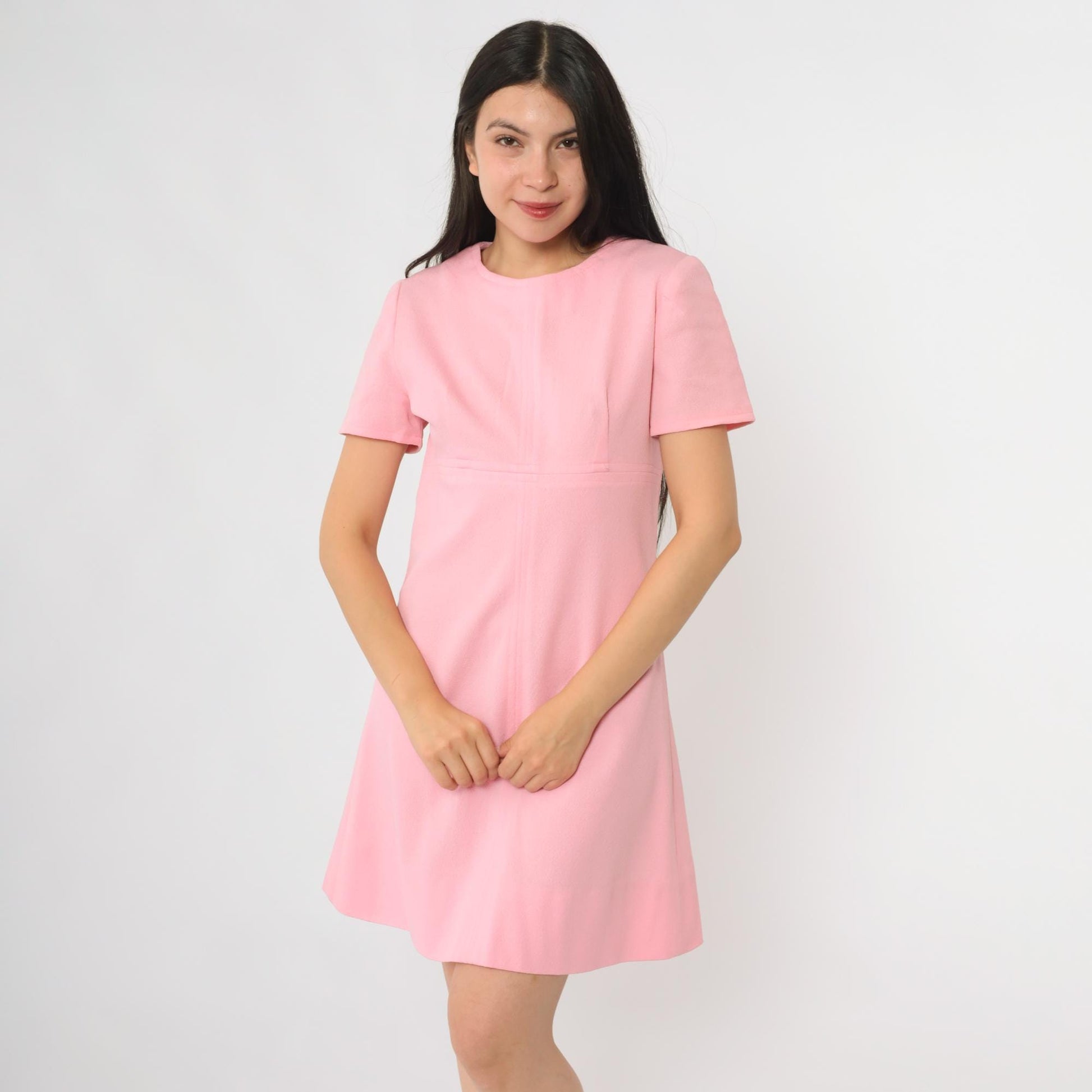 60s Pink Mini Shift Dress Mod Crew Neck A-Line Medium M