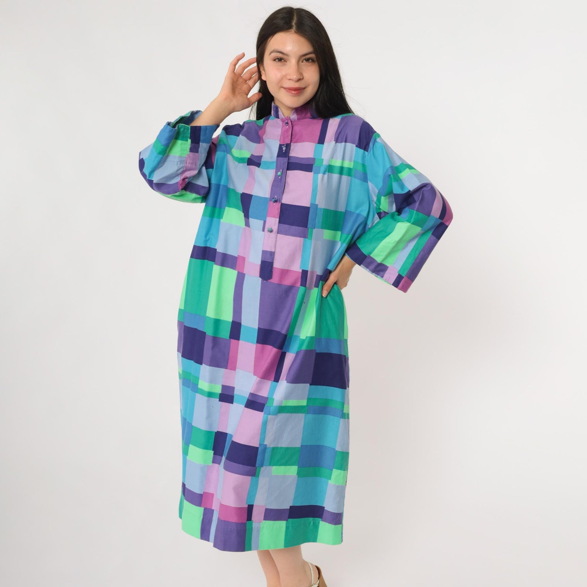 60s Catherine Ogust Penthouse Gallery Geometric Block Print Midi Dress Large L