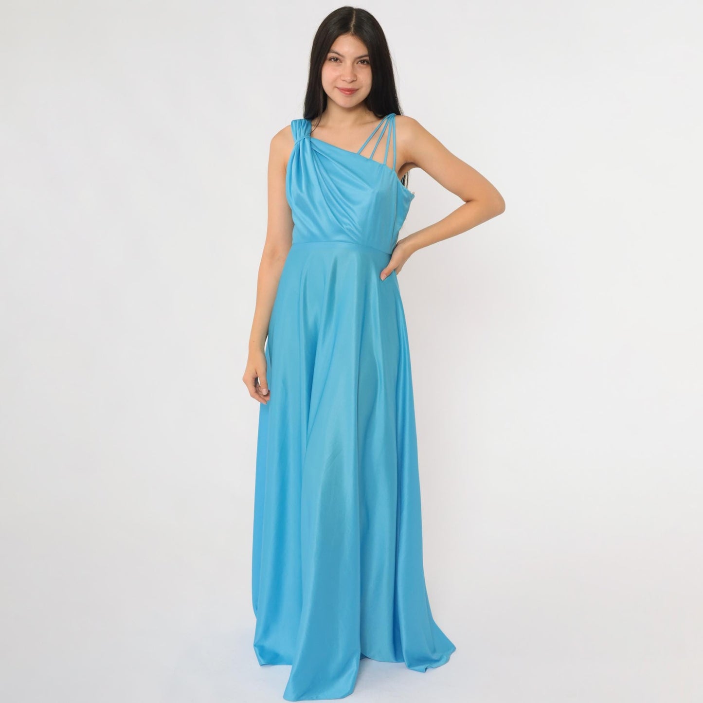 70s Blue Satin One-Shoulder Maxi Dress Draped Bodice Floor Length Small