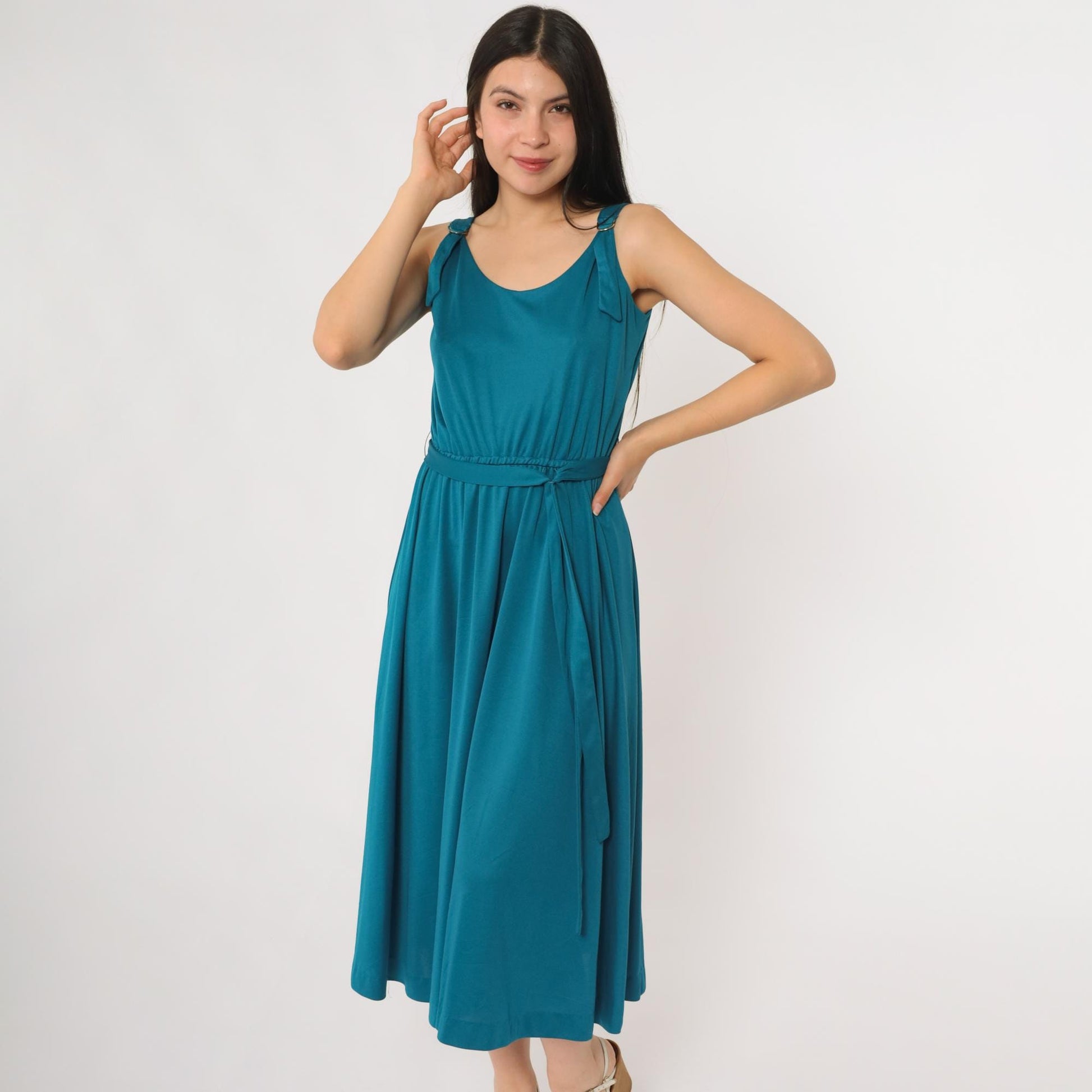 70s Lanz Teal Midi Dress Sleeveless A-Line Belted Small