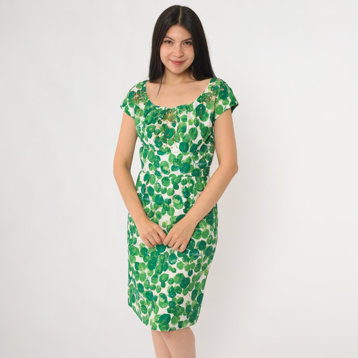 60s Green Leaf Sequin Cocktail Dress Cap Sleeve Knee Length Small
