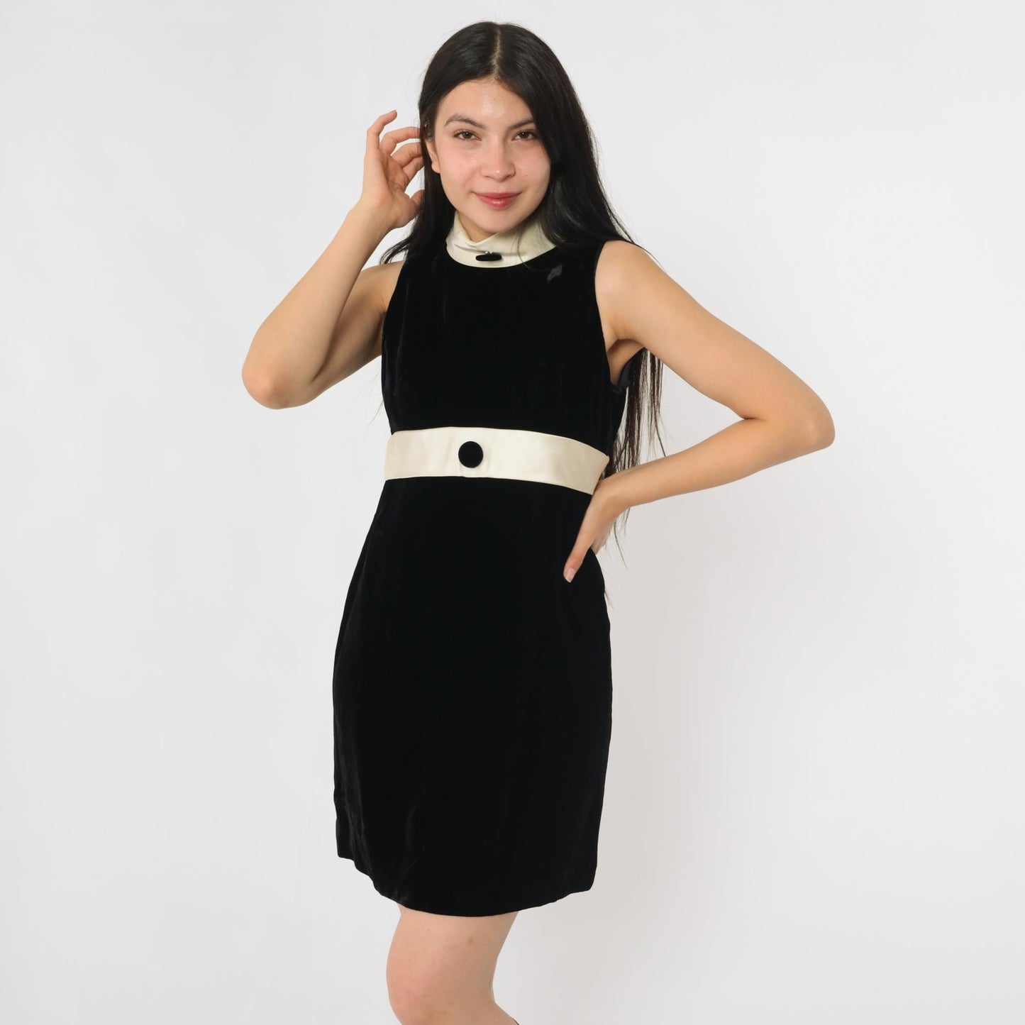 60s Black Velvet Mini Dress White Satin Collar Mod Sleeveless Small S