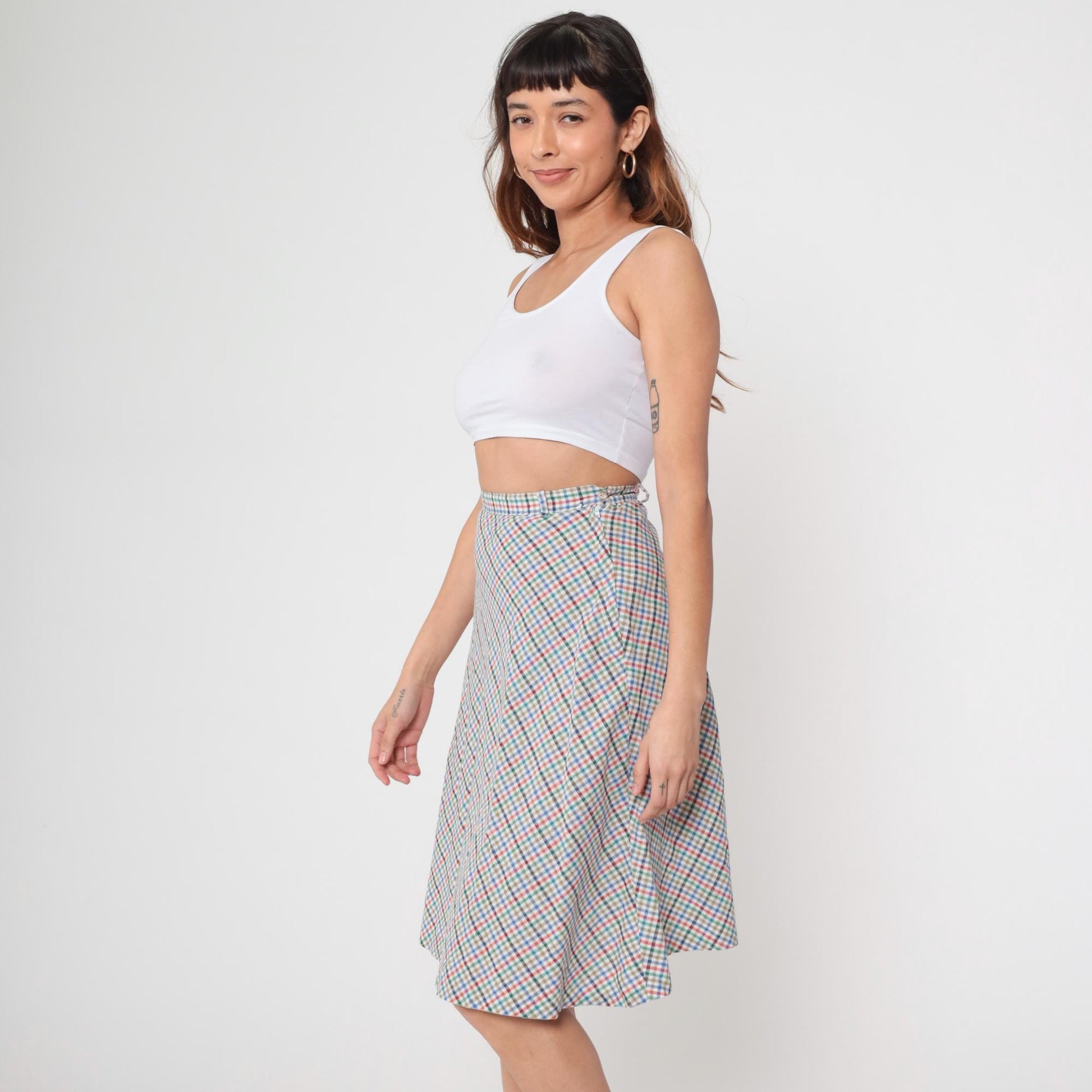 80s Plaid Mini Skirt High Waist Button Up Checkered Pink Blue Small