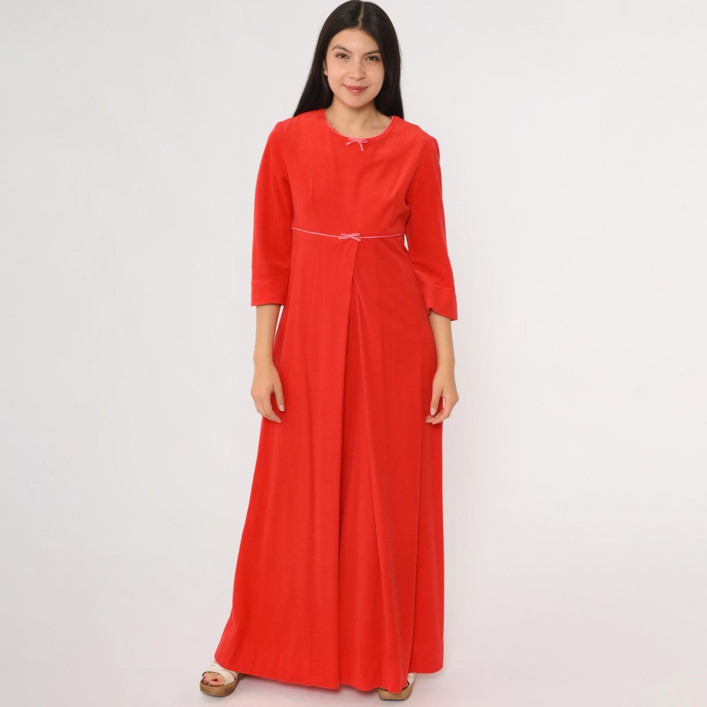 70s Chezelle Palazzo Jumpsuit Red Empire Waist Three-Quarter Sleeve Small