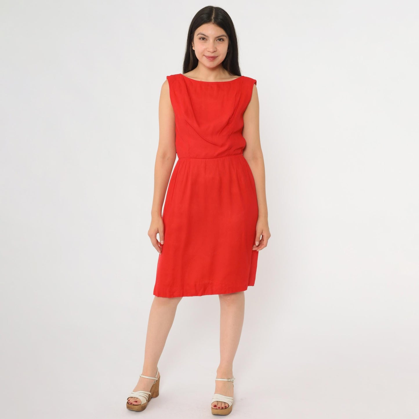 60s Red Chiffon Sleeveless Boat Neck Dress Knee Length Ruffle Medium