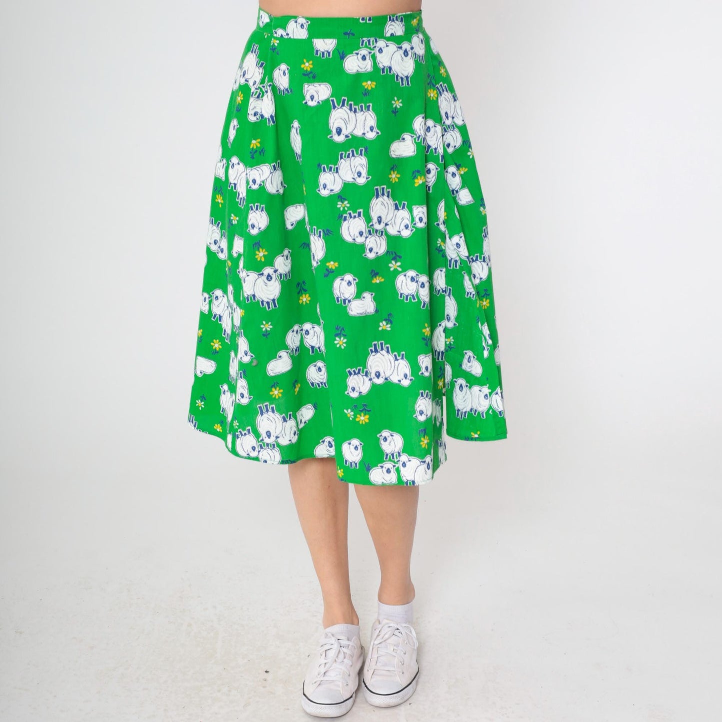 70s Sheep Print Midi Skirt Green A-Line Wrap Cotton Small Medium