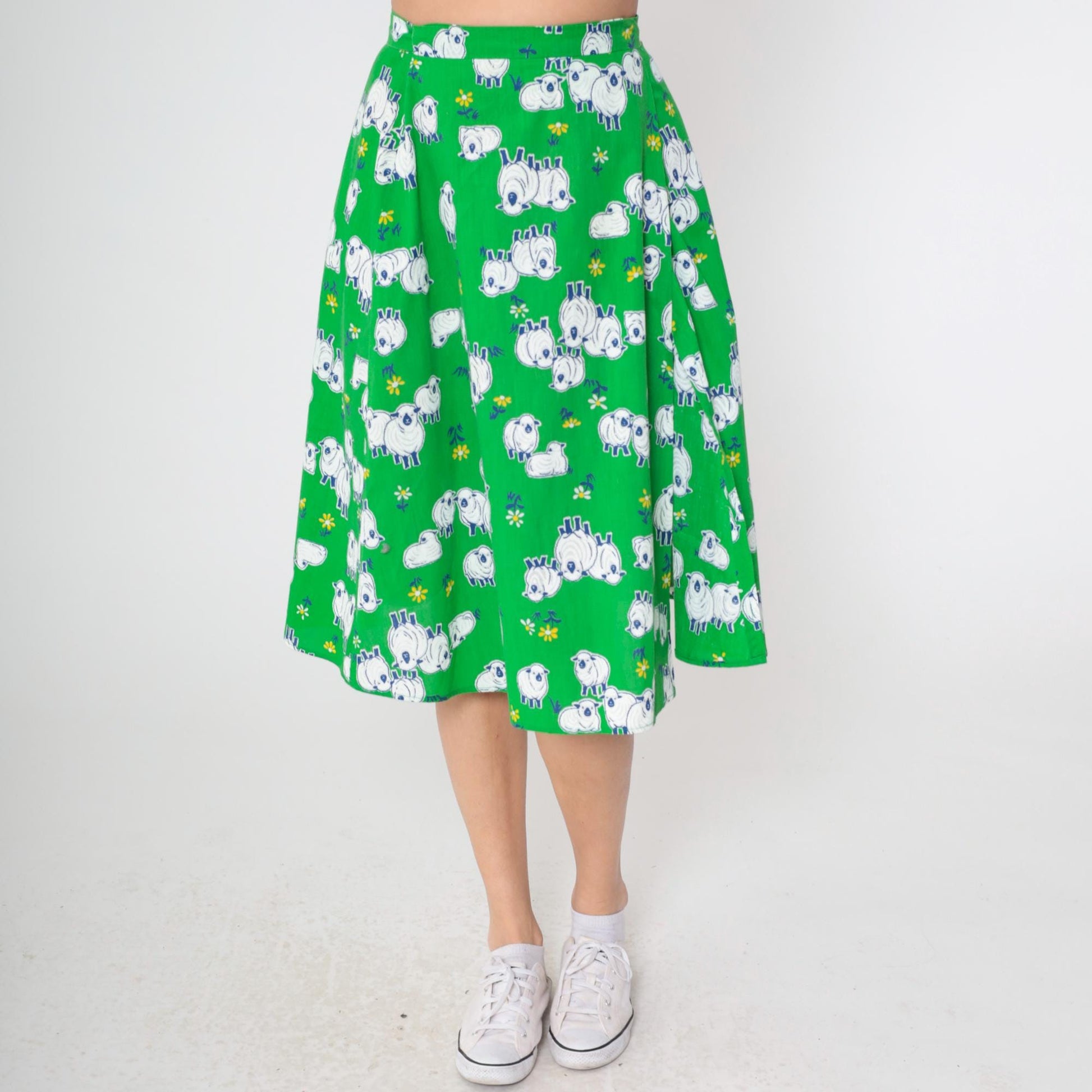 70s Sheep Print Midi Skirt Green A-Line Wrap Cotton Small Medium