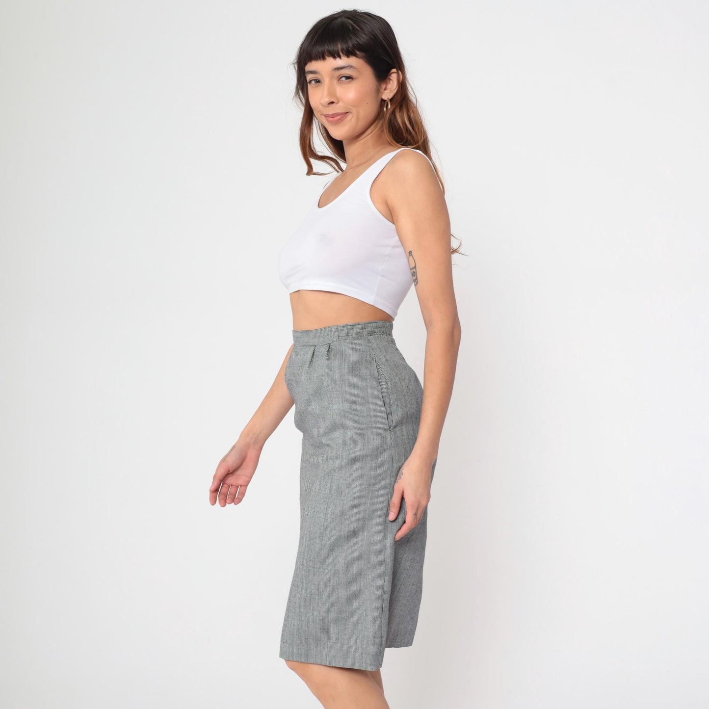 80s Black Houndstooth Midi Skirt High Waist Straight Pencil Medium
