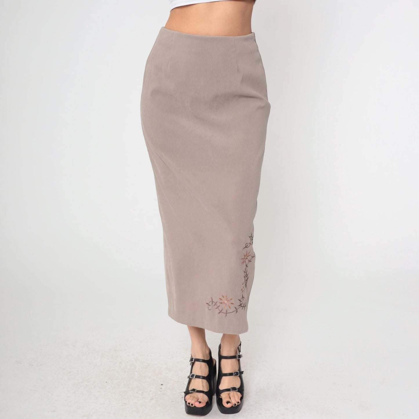 90s Taupe Floral Embroidered Maxi Skirt High Waist Column Medium
