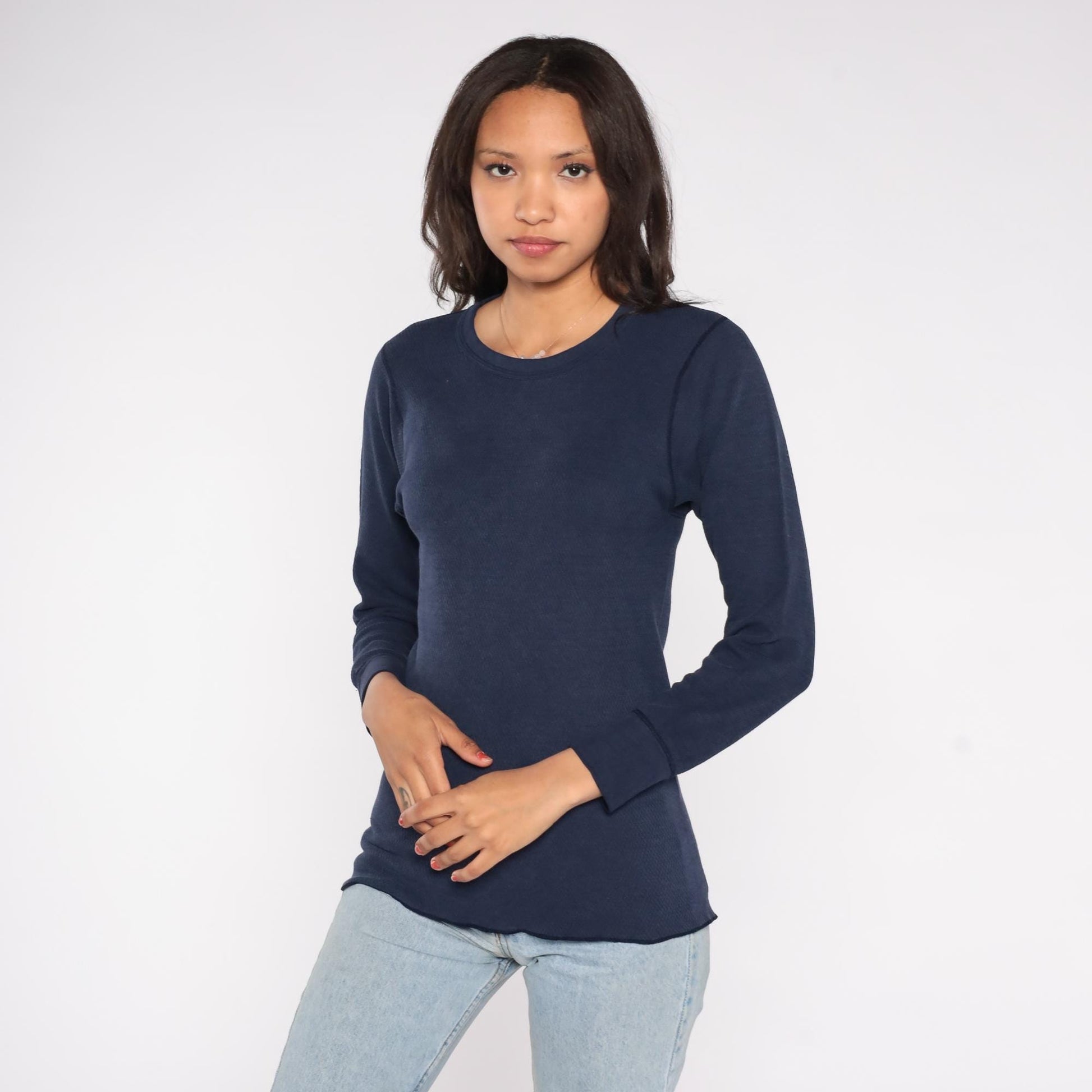 90s St. Johns Bay Navy Thermal Waffle Knit Long Sleeve Crewneck Large L
