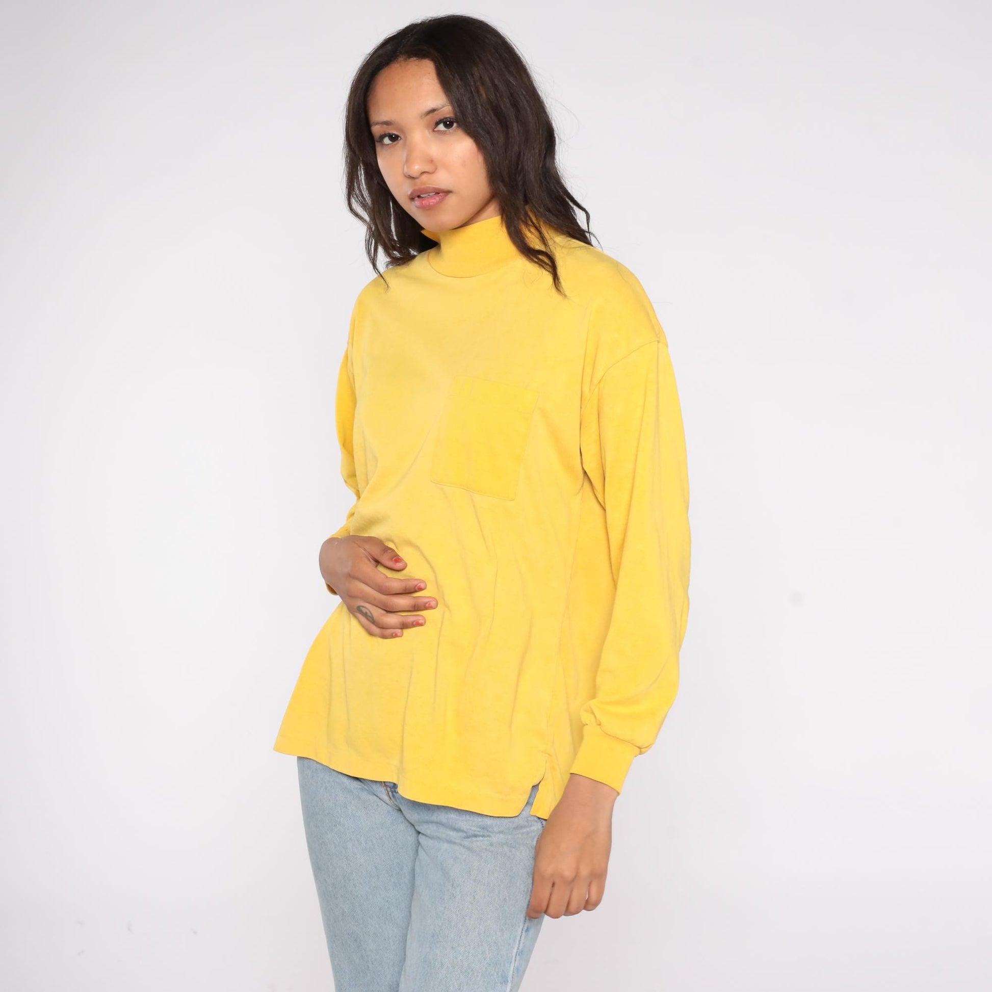 90s Cristina Yellow Mock Turtleneck Chest Pocket Boxy Long Sleeve Large L