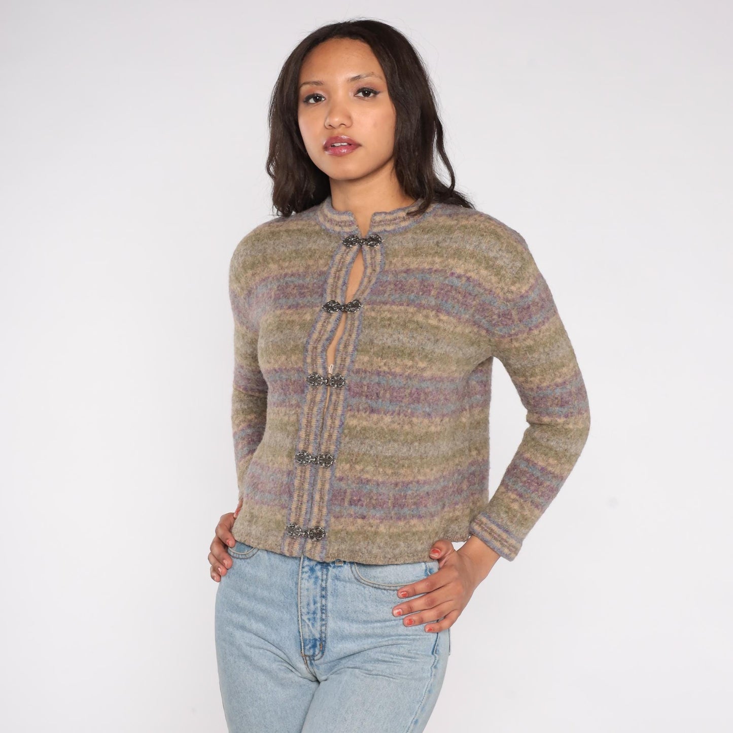 Y2K Wool Cardigan Frog Closure Sage Lavender Striped Cropped Petite Medium