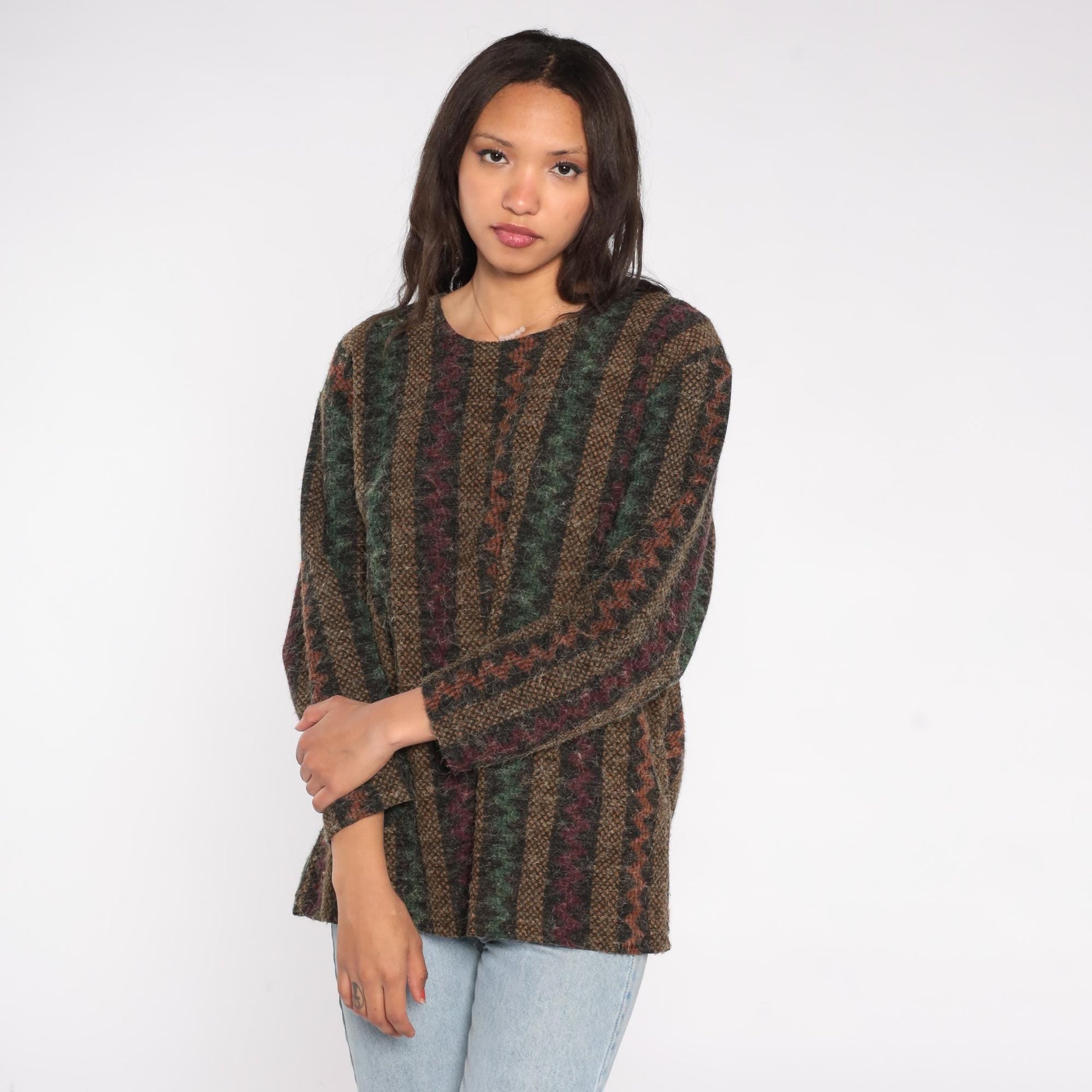 90s Divine Collection Stripe Sweater Forest Green Burgundy Crewneck Medium