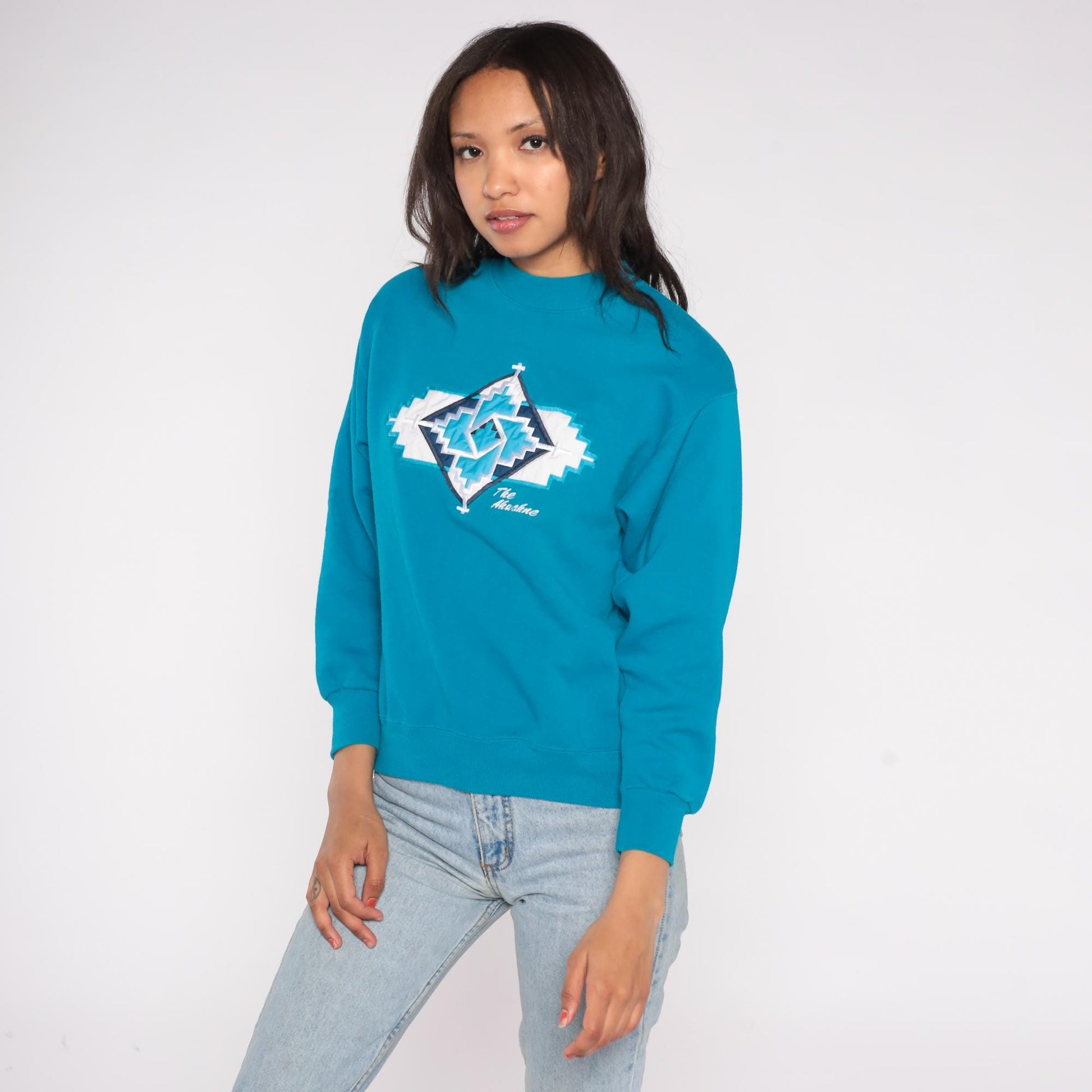 90s Hanes Southwestern Turquoise Sweatshirt Geometric Cross Patch Medium