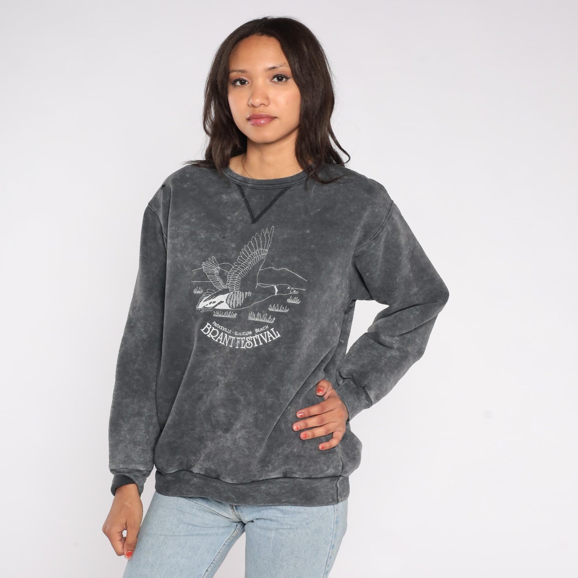 90s Brant Festival Goose Embroidered Acid Wash Sweatshirt Grey Medium