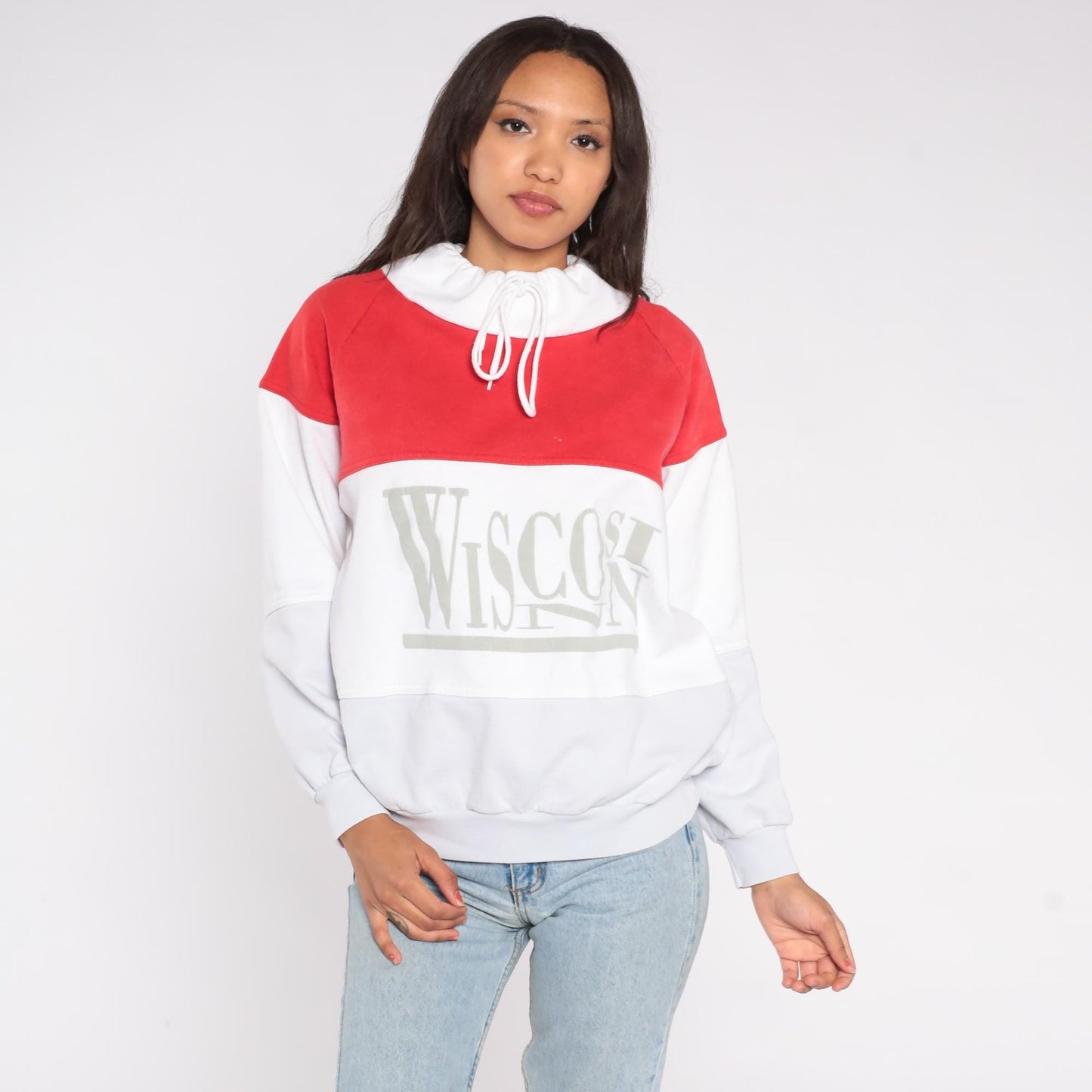 90s Wisconsin Colorblock Sweatshirt Red White Mock Turtleneck Medium