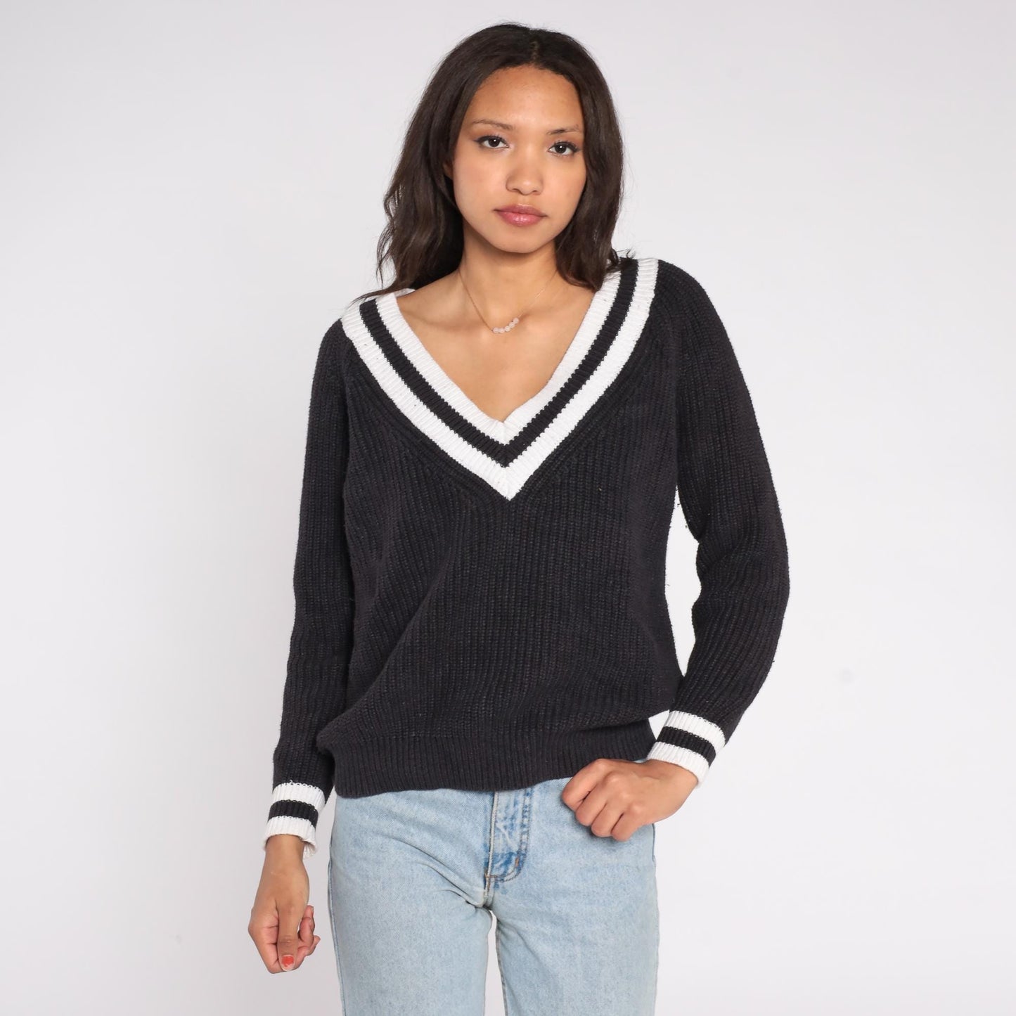 Y2K Black V-Neck Sweater White Trim Rib Knit Pullover Large L