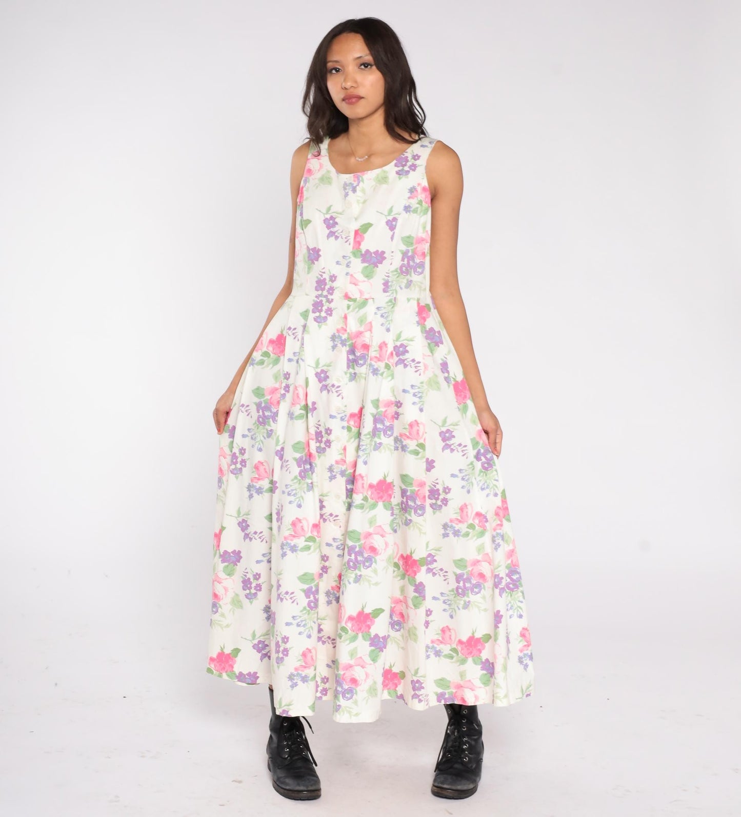 90s Chadwick's Floral Maxi Dress Button Front Cotton Scoop Neck White Pink Purple Large L