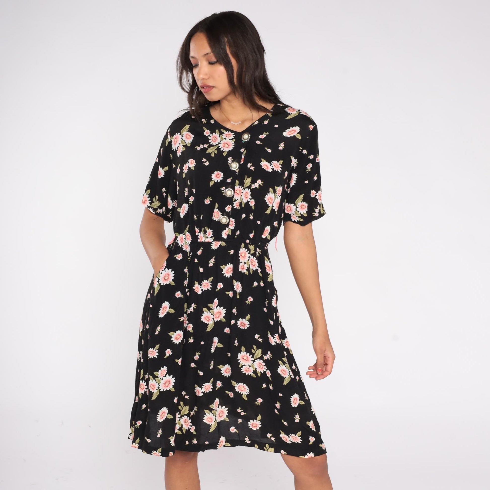90s Esther Collection Black Daisy Floral Midi Dress Pink Print Small