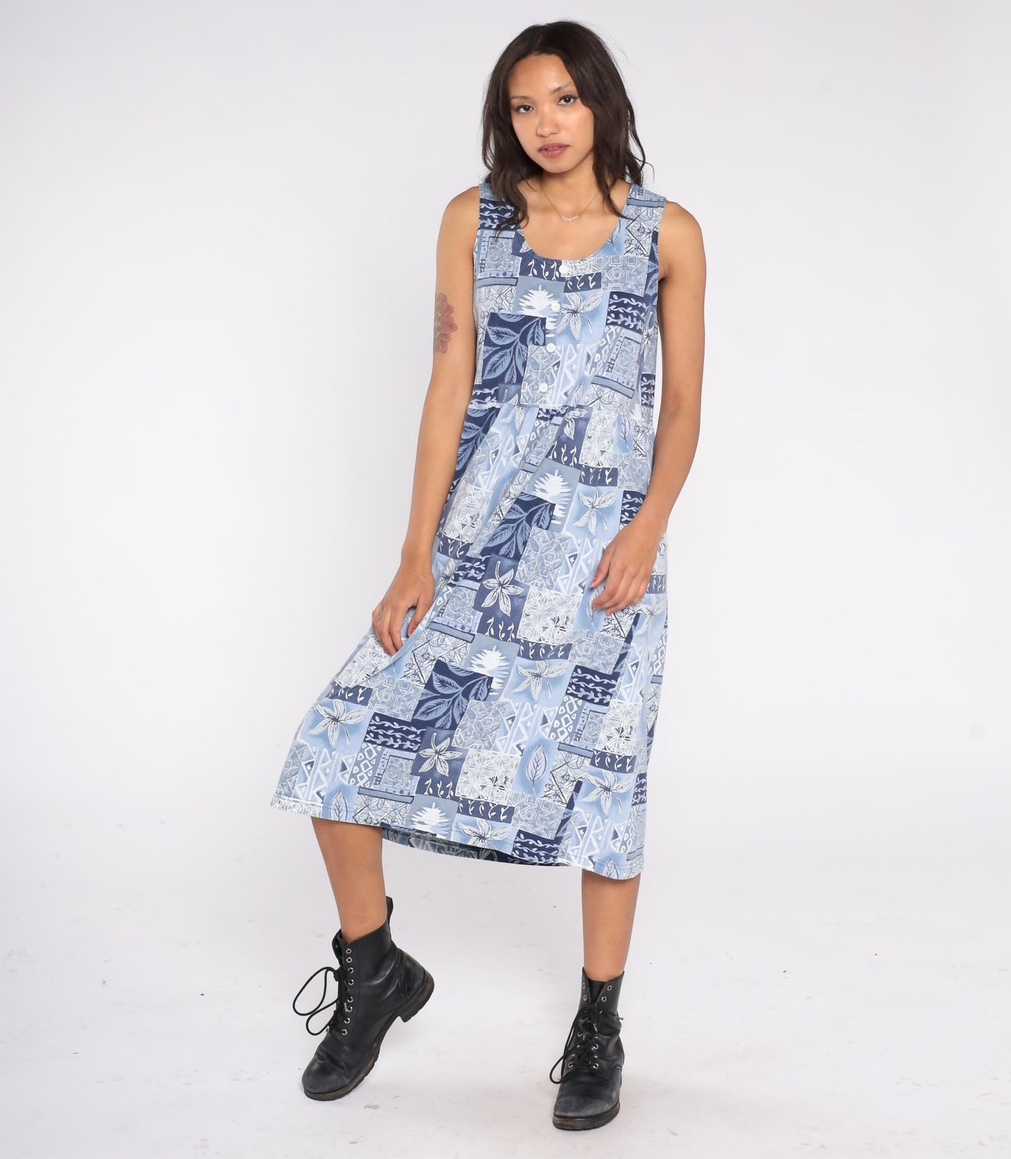 90s Blair Blue Patchwork Floral Midi Dress Sleeveless Button Front Small