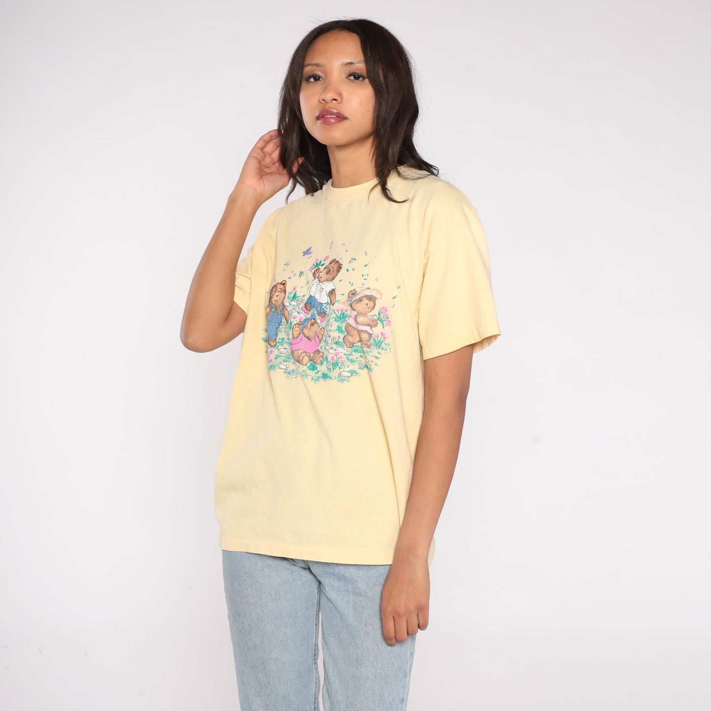 90s Anvil Teddy Bear Picnic Graphic T-Shirt Pastel Yellow Cotton Large L