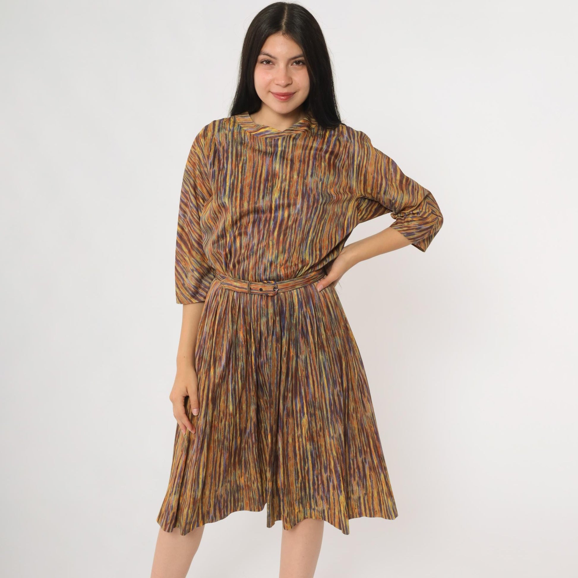 60s Nelly Don Abstract Stripe Midi Dress Rainbow V-Neck A-Line Medium