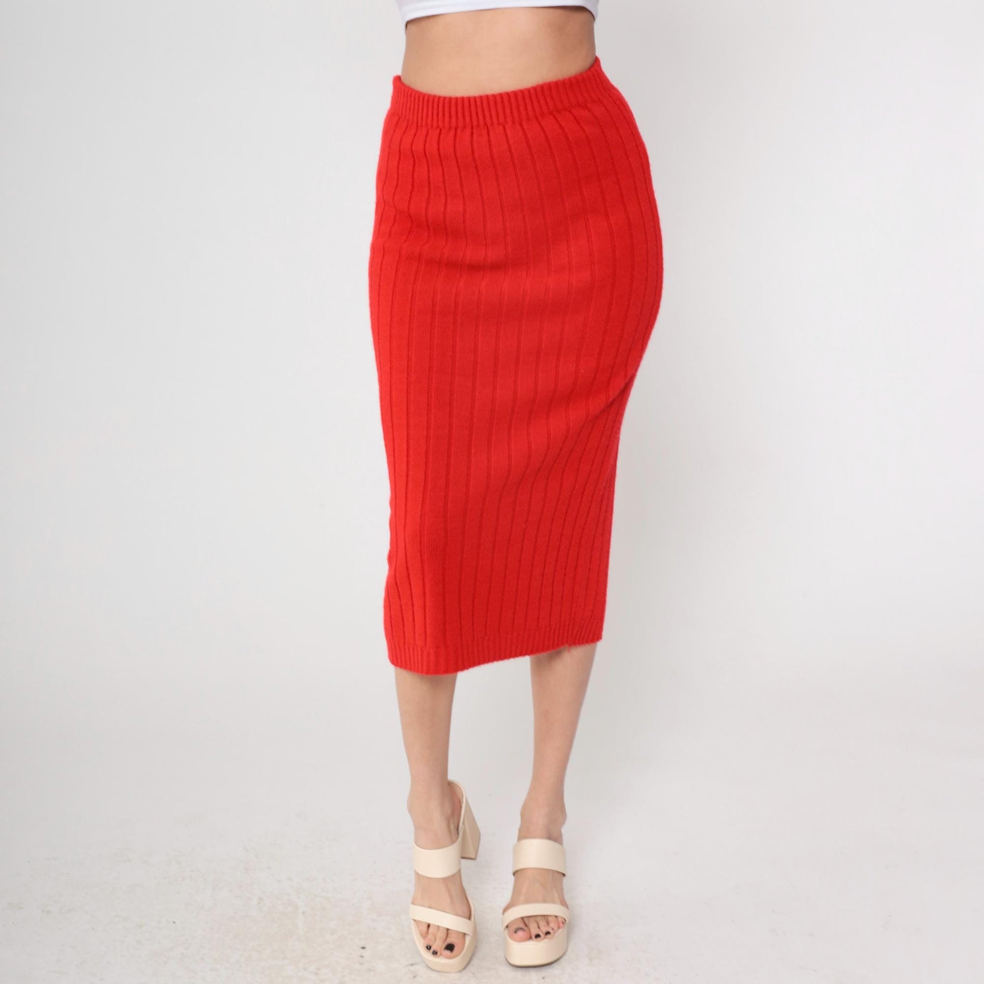 70s Red Ribbed Knit Mini Skirt High Waist A-Line Small