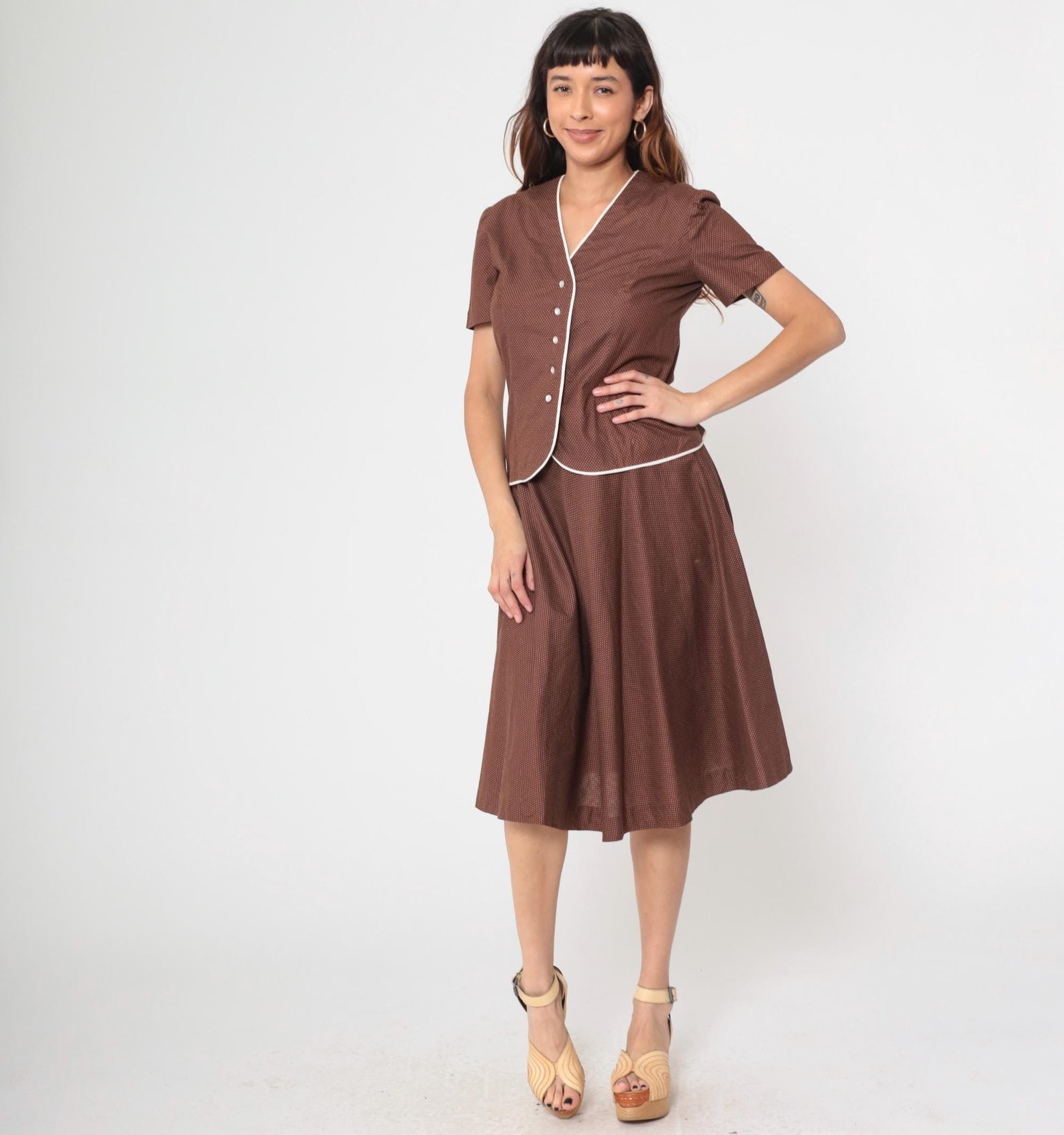 70s Brown Swiss Dot Two Piece Set Short Sleeve Blouse Pleated Mini Skirt Medium
