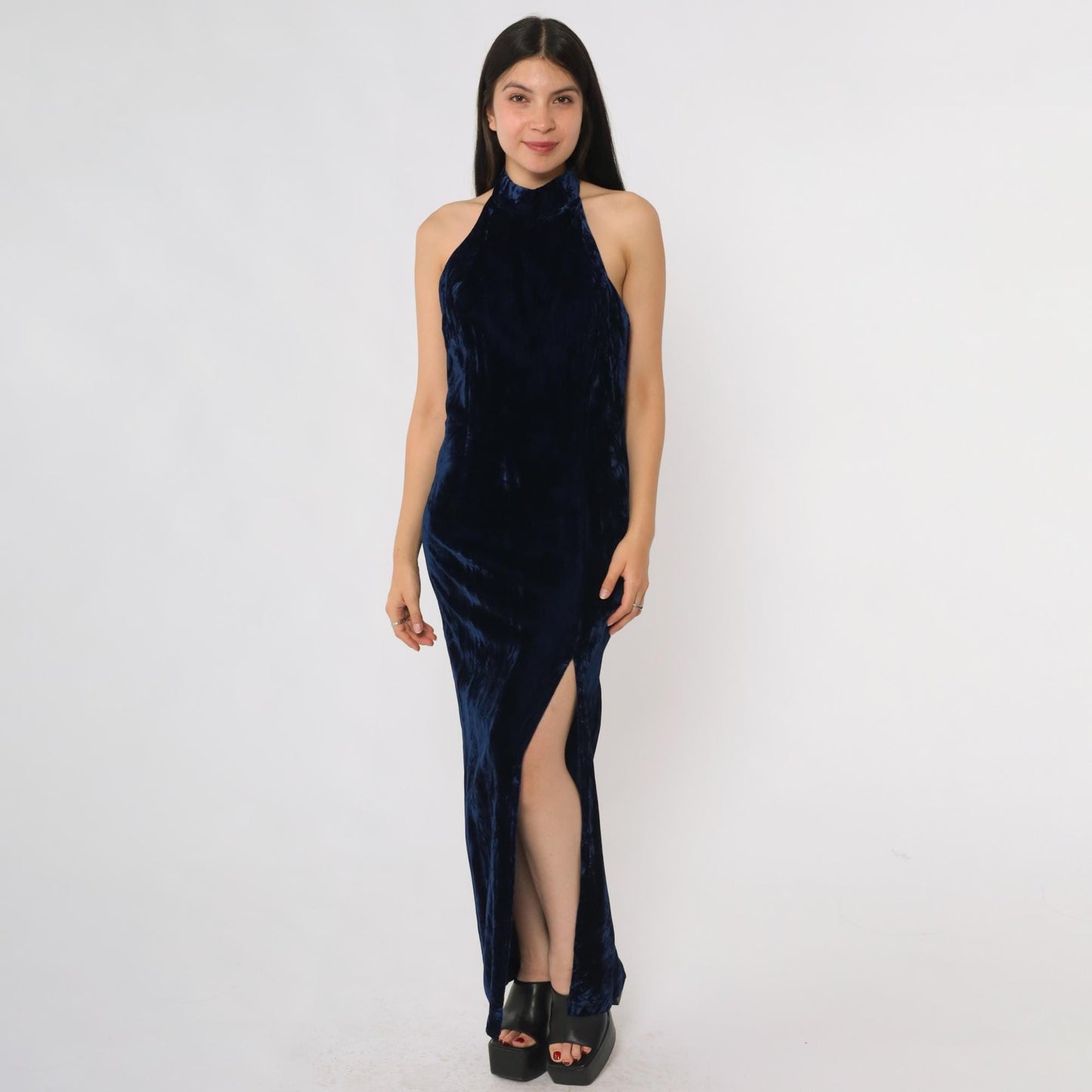 90s Navy Velvet Halter Maxi Dress Susan Roselli Open Back Small