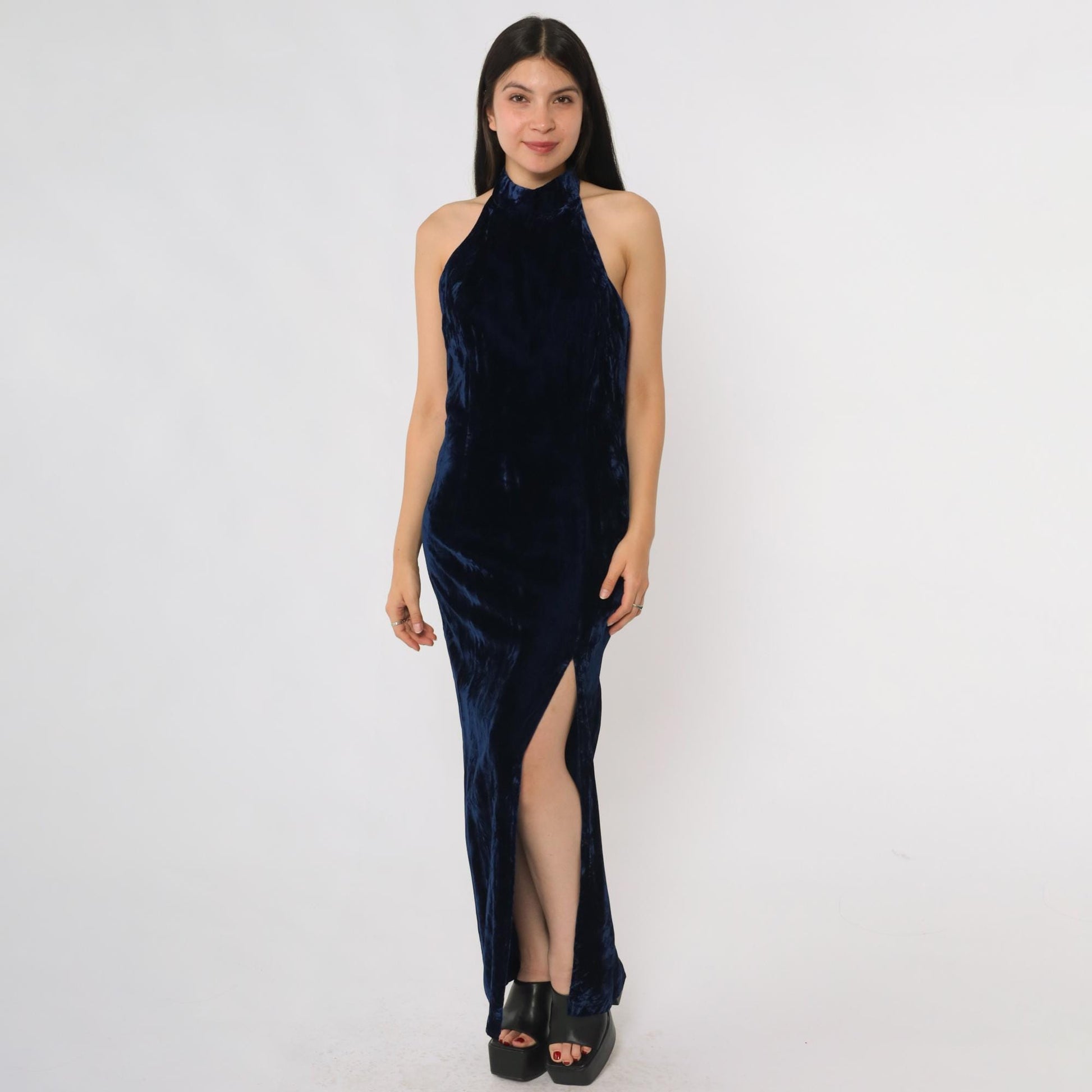 90s Navy Velvet Halter Maxi Dress Susan Roselli Open Back Small