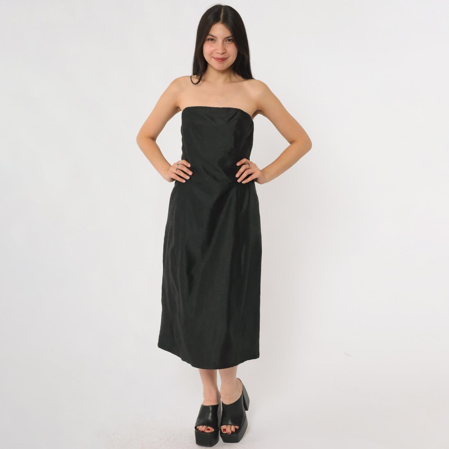 90s ABS Evening Black Strapless Cocktail Dress Midi Small S
