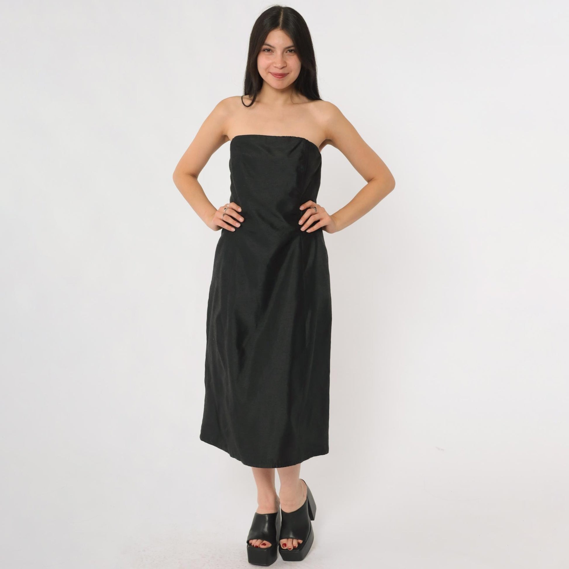 90s ABS Evening Black Strapless Cocktail Dress Midi Small S