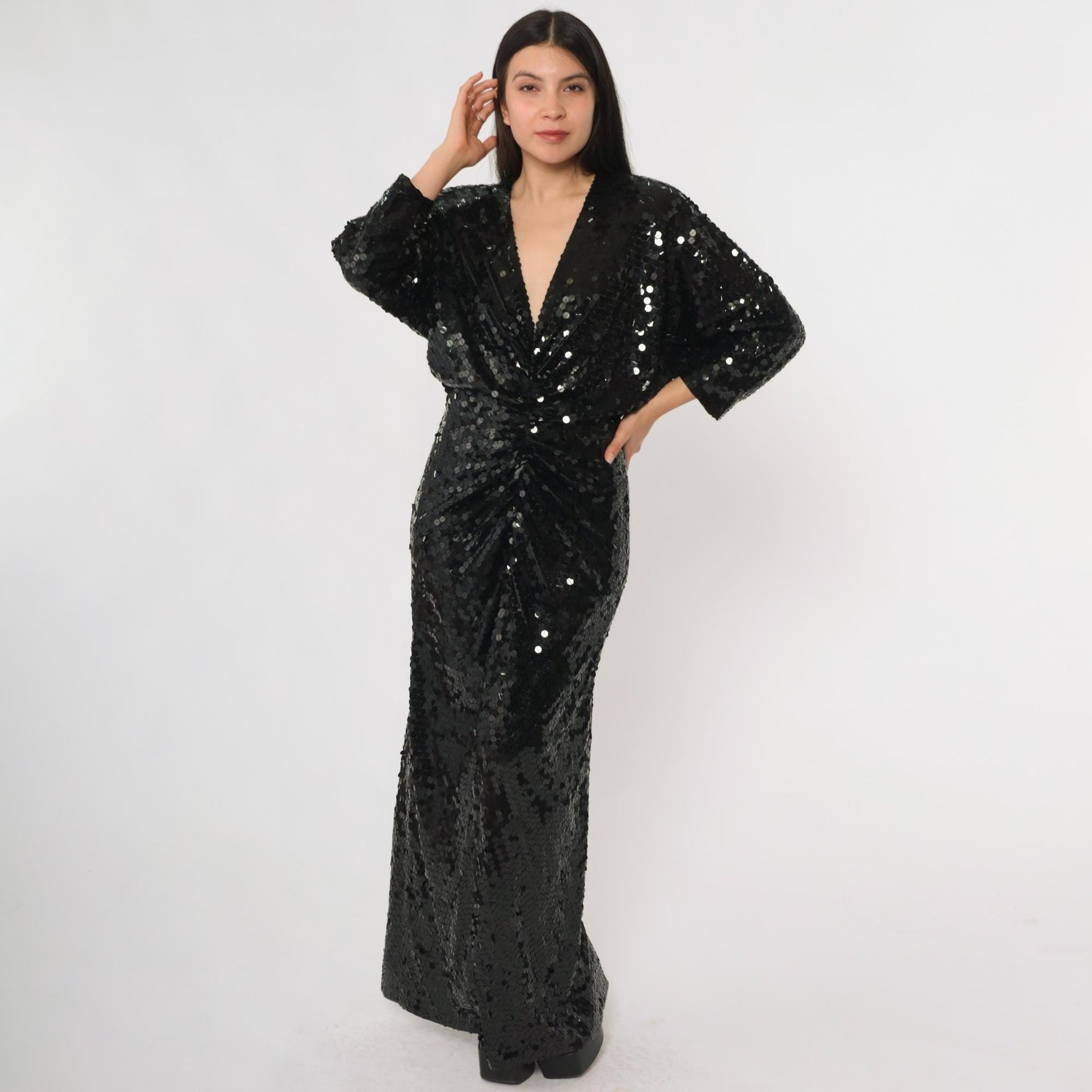 80s Oleg Cassini Black Sequin Evening Gown Plunge V Long Sleeve Open Back Medium