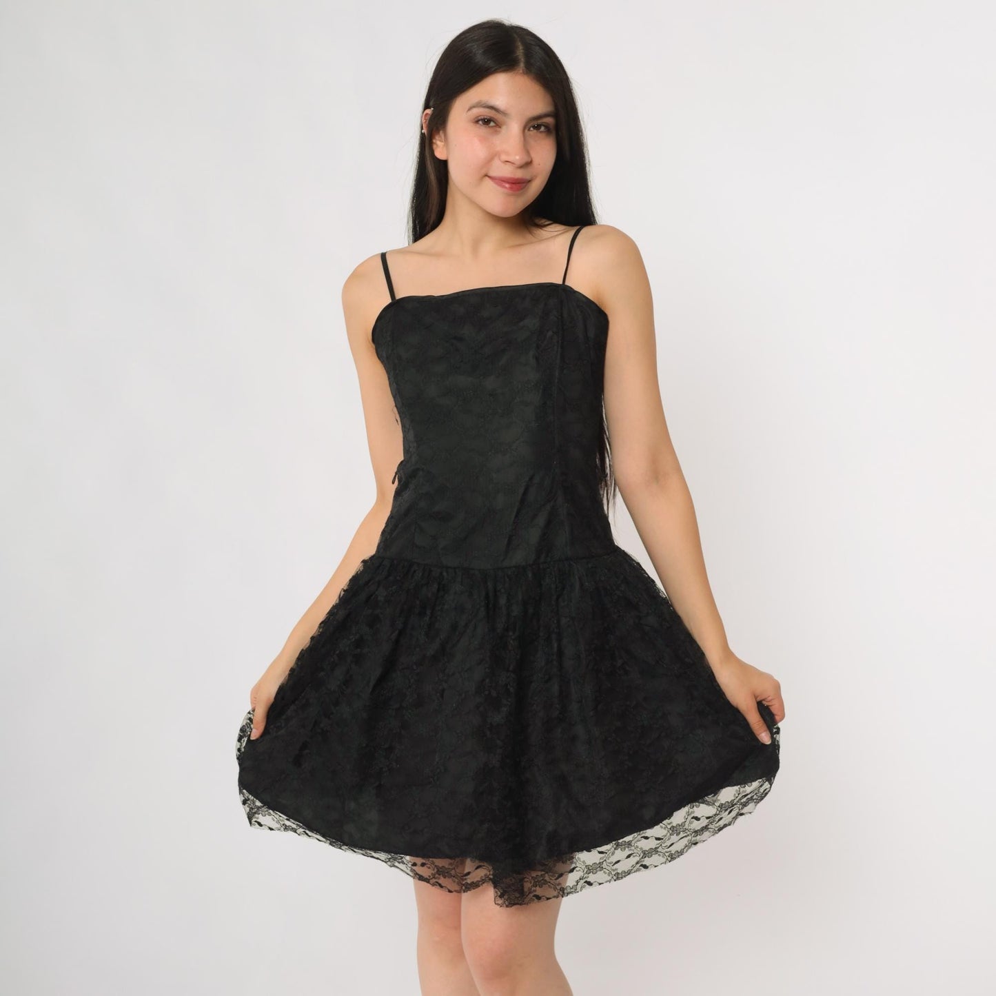 90s Black Lace Mini Dress Drop Waist Skater Prom Extra Small XS